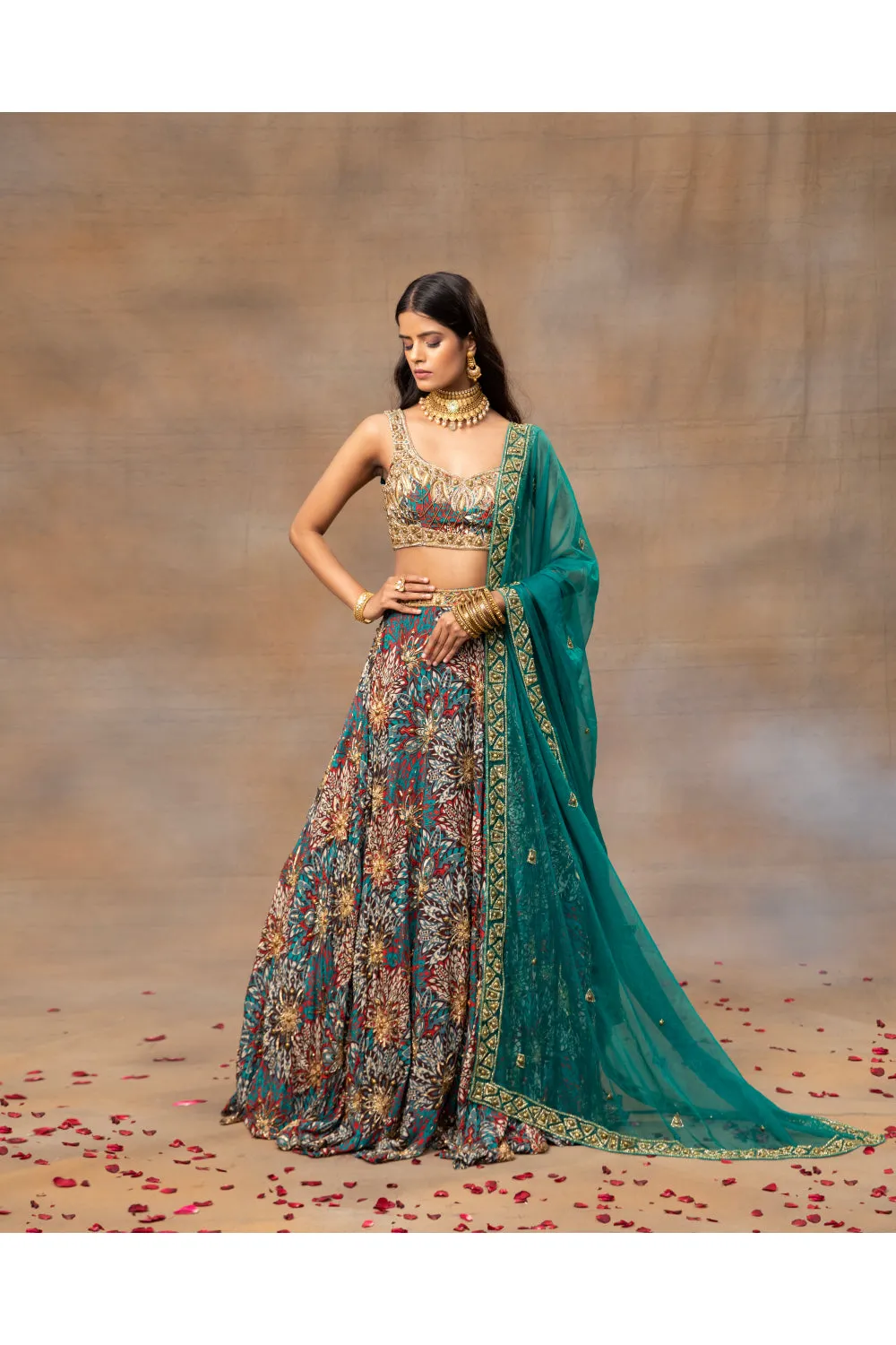 Green Printed Embroidered Choli, Lehenga And Dupatta Set