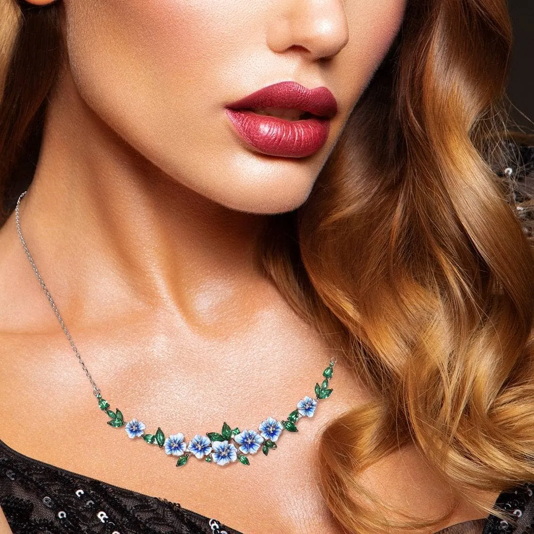 Green Spinel Blooming Enamel Flower Necklace