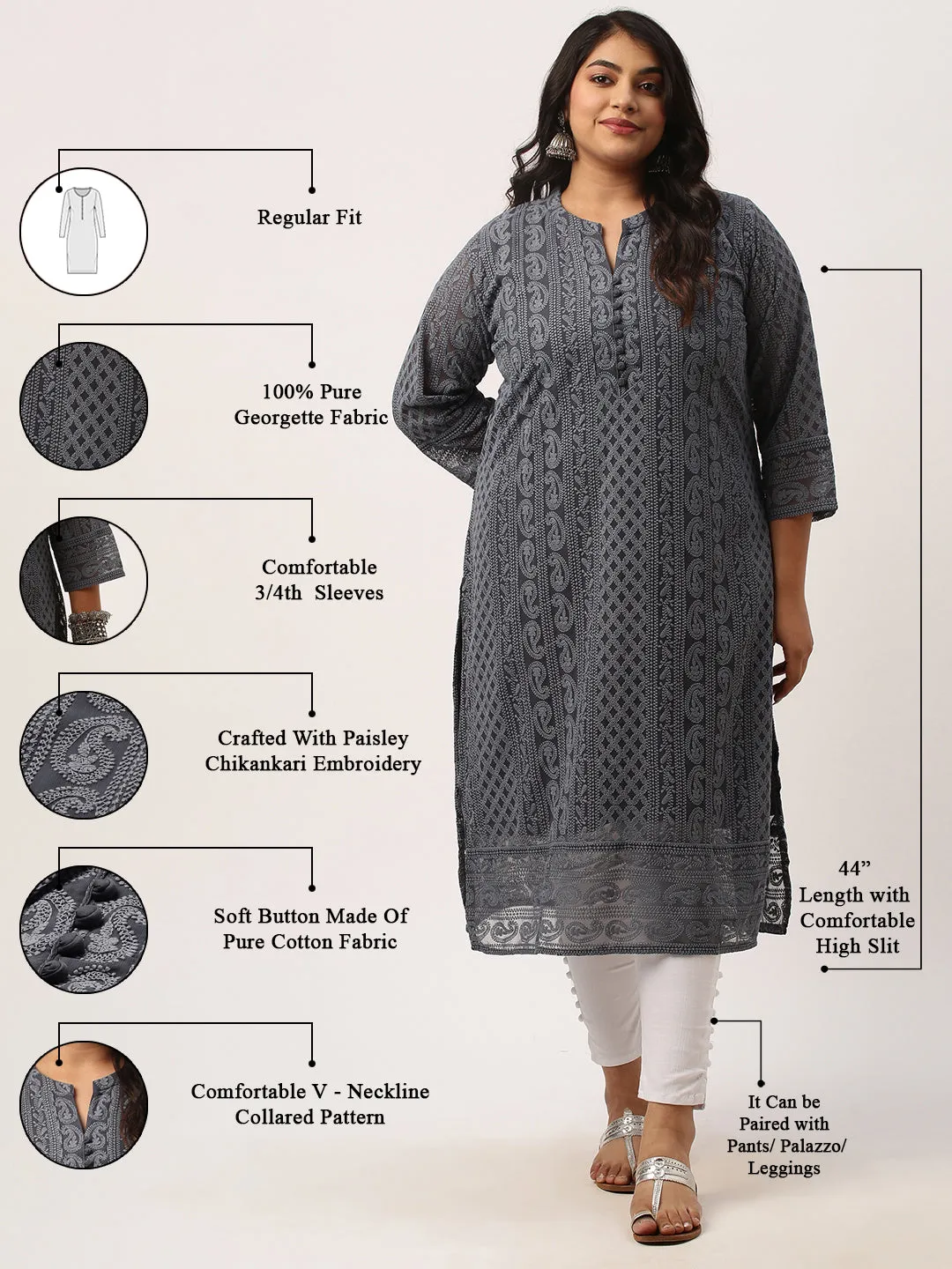 Grey Chikankari Kurta For Women - Paisley Embroidered Georgette