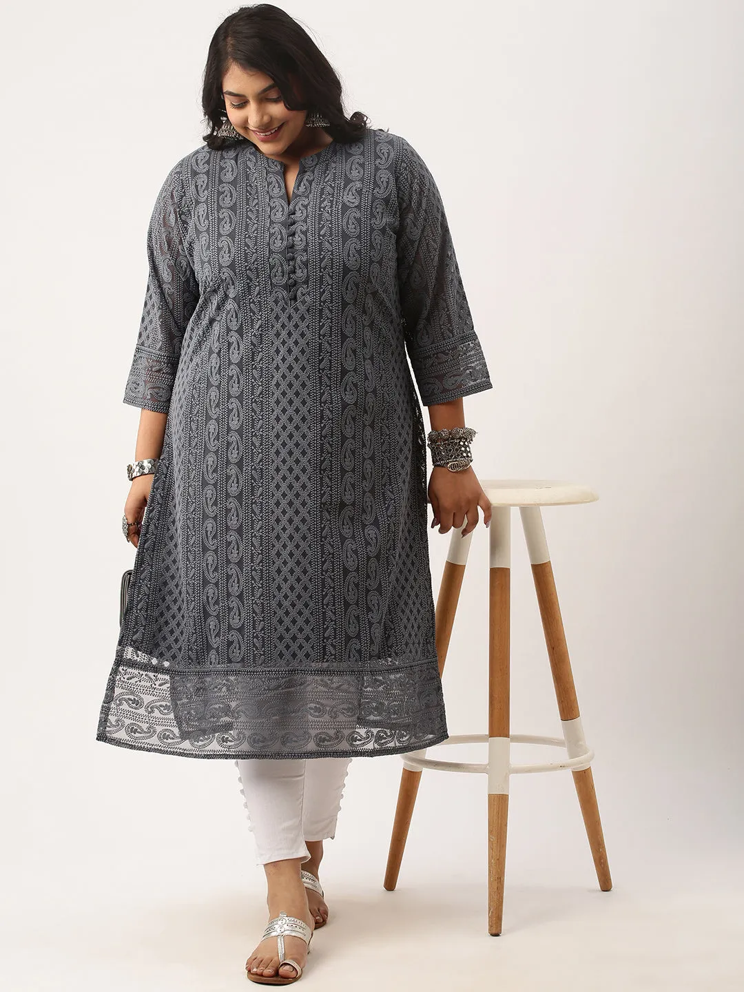 Grey Chikankari Kurta For Women - Paisley Embroidered Georgette