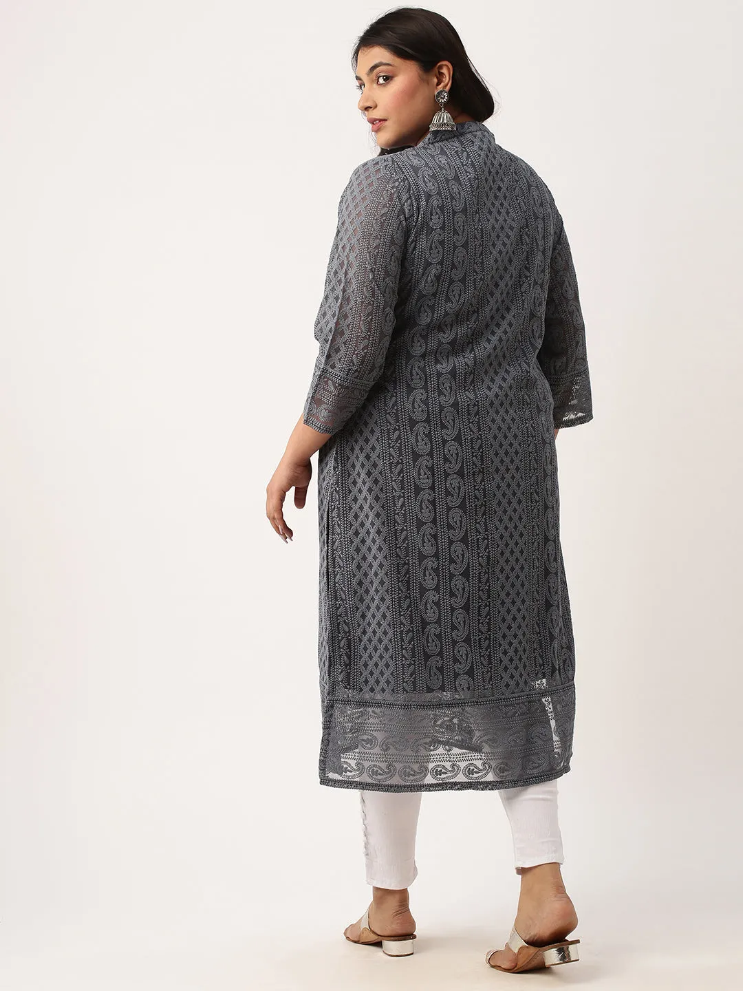 Grey Chikankari Kurta For Women - Paisley Embroidered Georgette