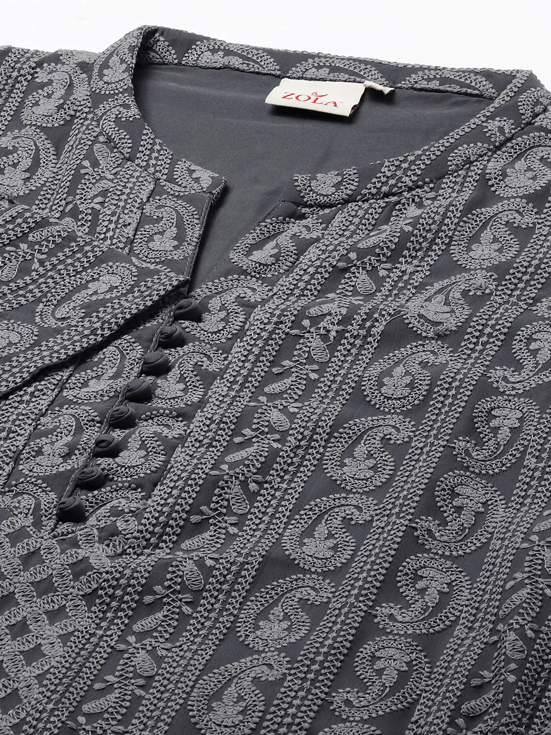 Grey Chikankari Kurta For Women - Paisley Embroidered Georgette