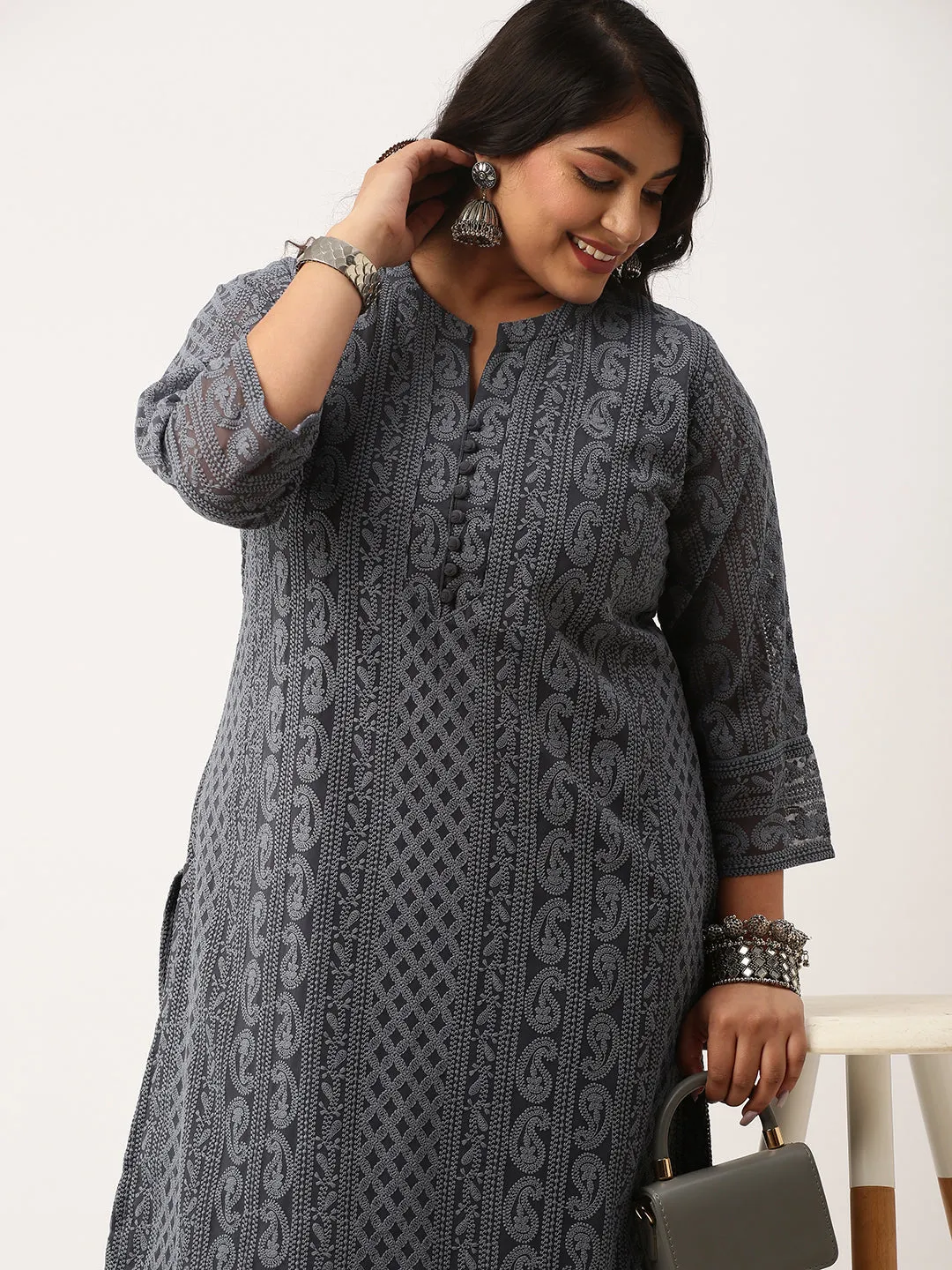 Grey Chikankari Kurta For Women - Paisley Embroidered Georgette