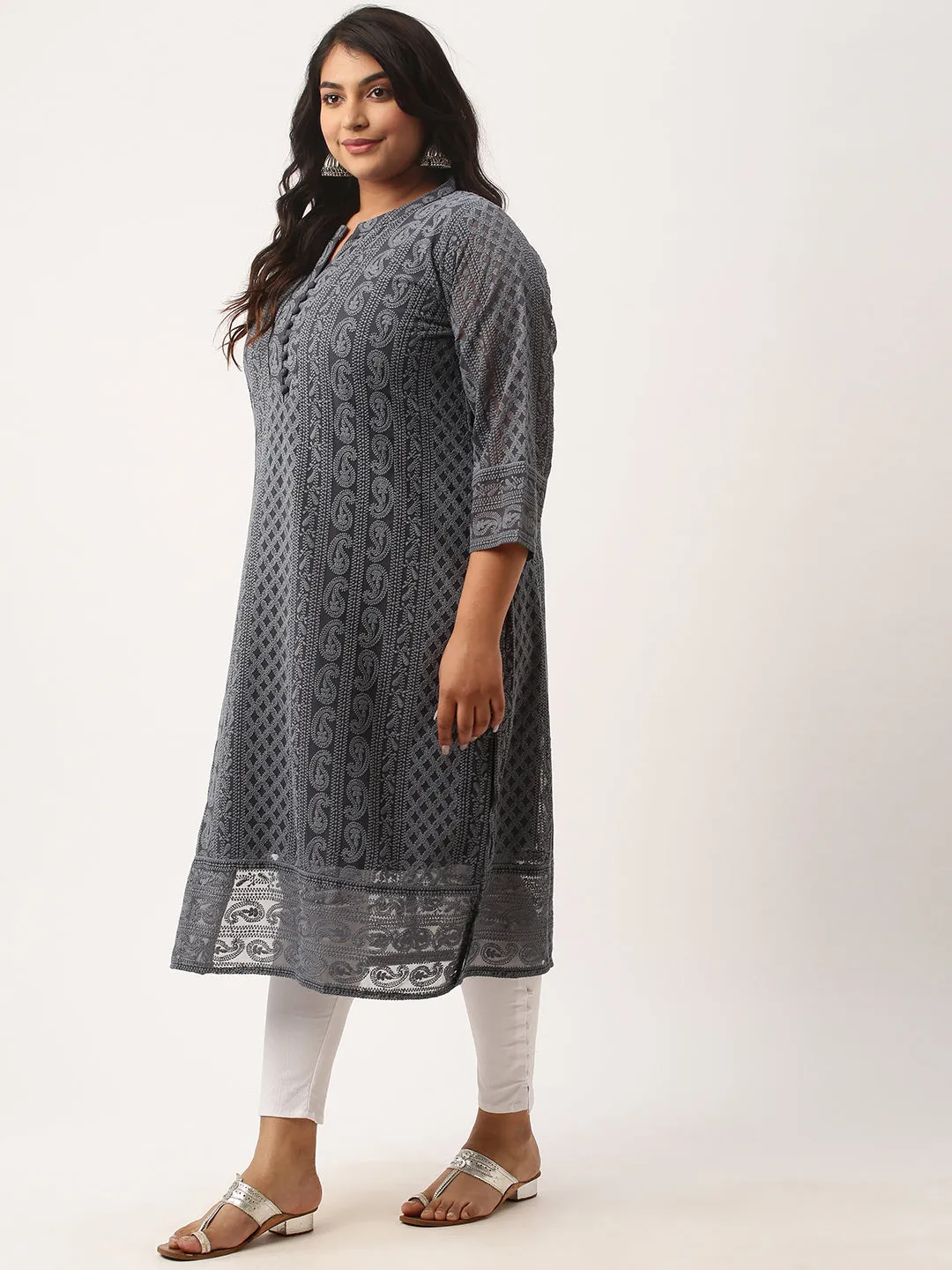 Grey Chikankari Kurta For Women - Paisley Embroidered Georgette