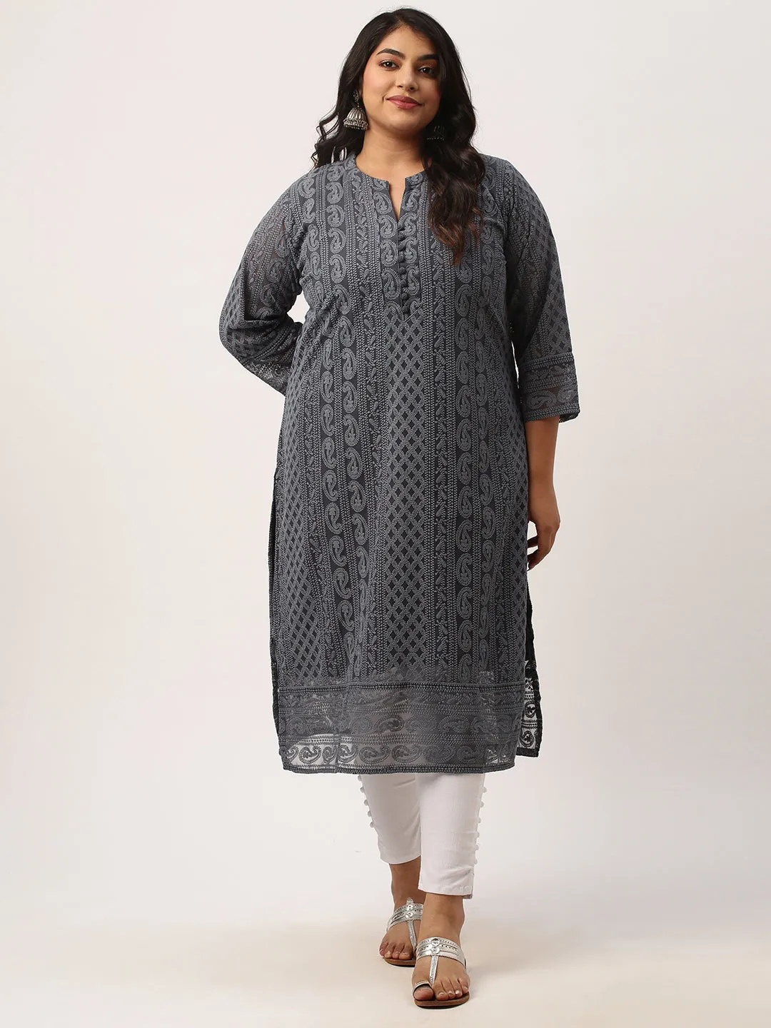 Grey Chikankari Kurta For Women - Paisley Embroidered Georgette