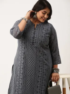 Grey Chikankari Kurta For Women - Paisley Embroidered Georgette