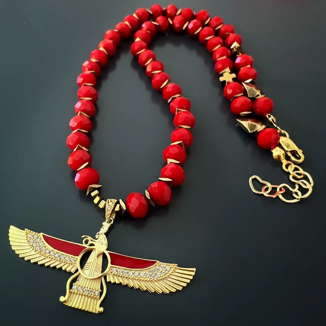 Guardian Angel Faravahar Pendant Good Life Red Beaded Necklace