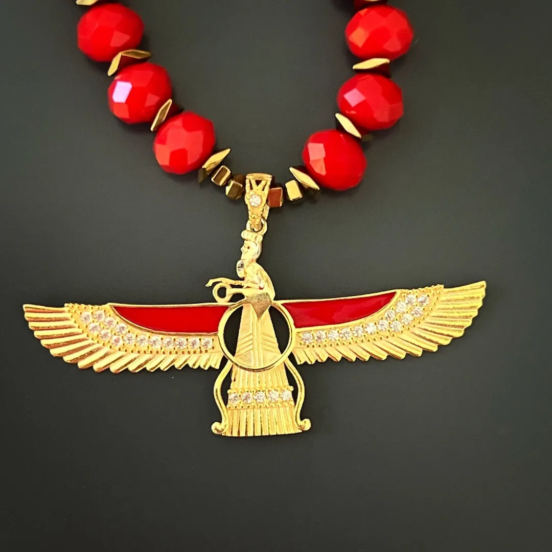 Guardian Angel Faravahar Pendant Good Life Red Beaded Necklace