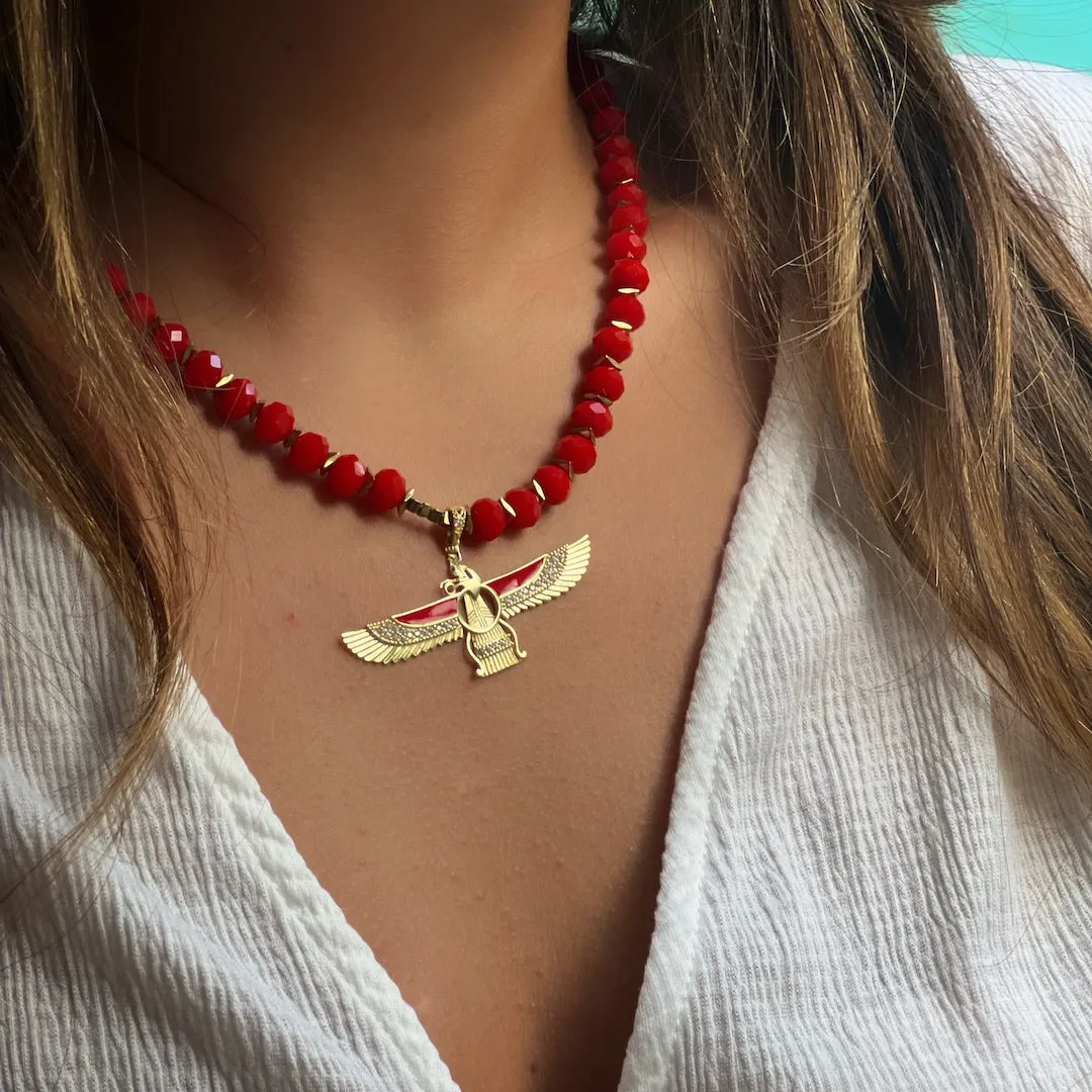 Guardian Angel Faravahar Pendant Good Life Red Beaded Necklace