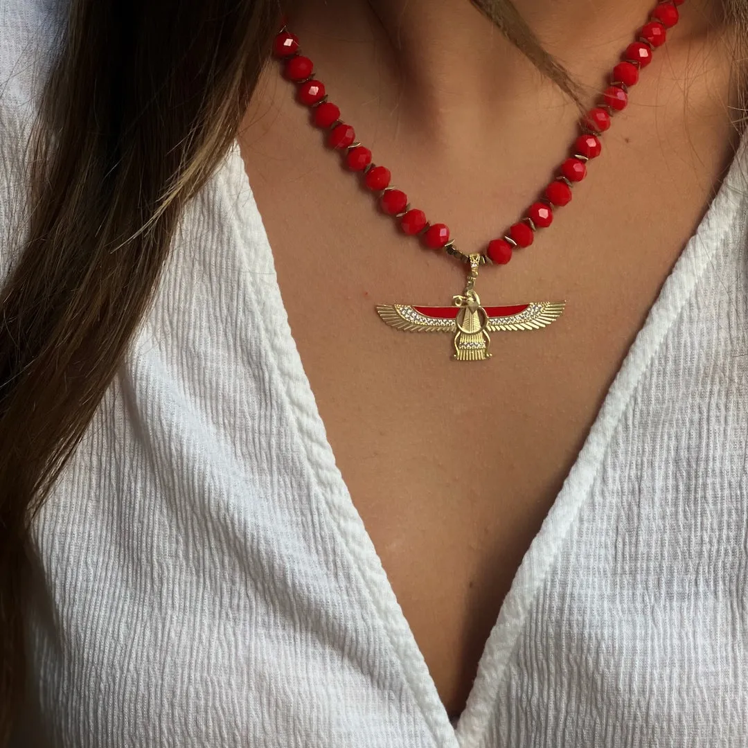 Guardian Angel Faravahar Pendant Good Life Red Beaded Necklace