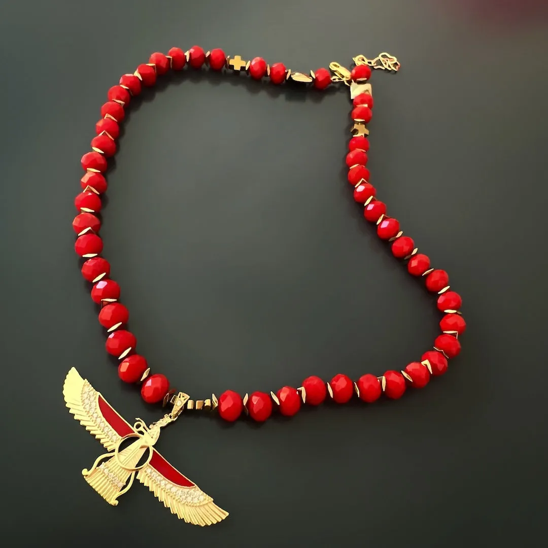 Guardian Angel Faravahar Pendant Good Life Red Beaded Necklace