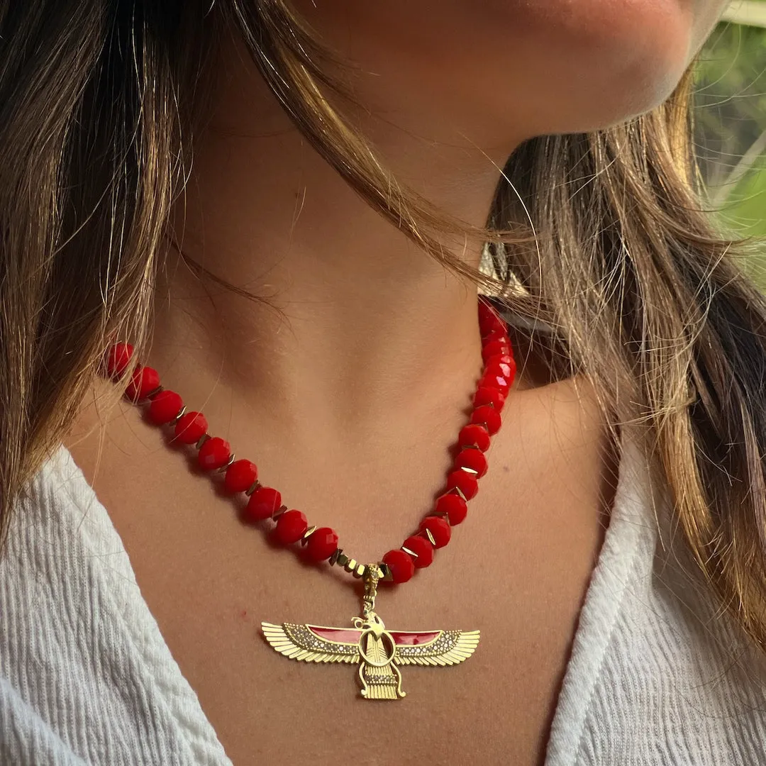 Guardian Angel Faravahar Pendant Good Life Red Beaded Necklace