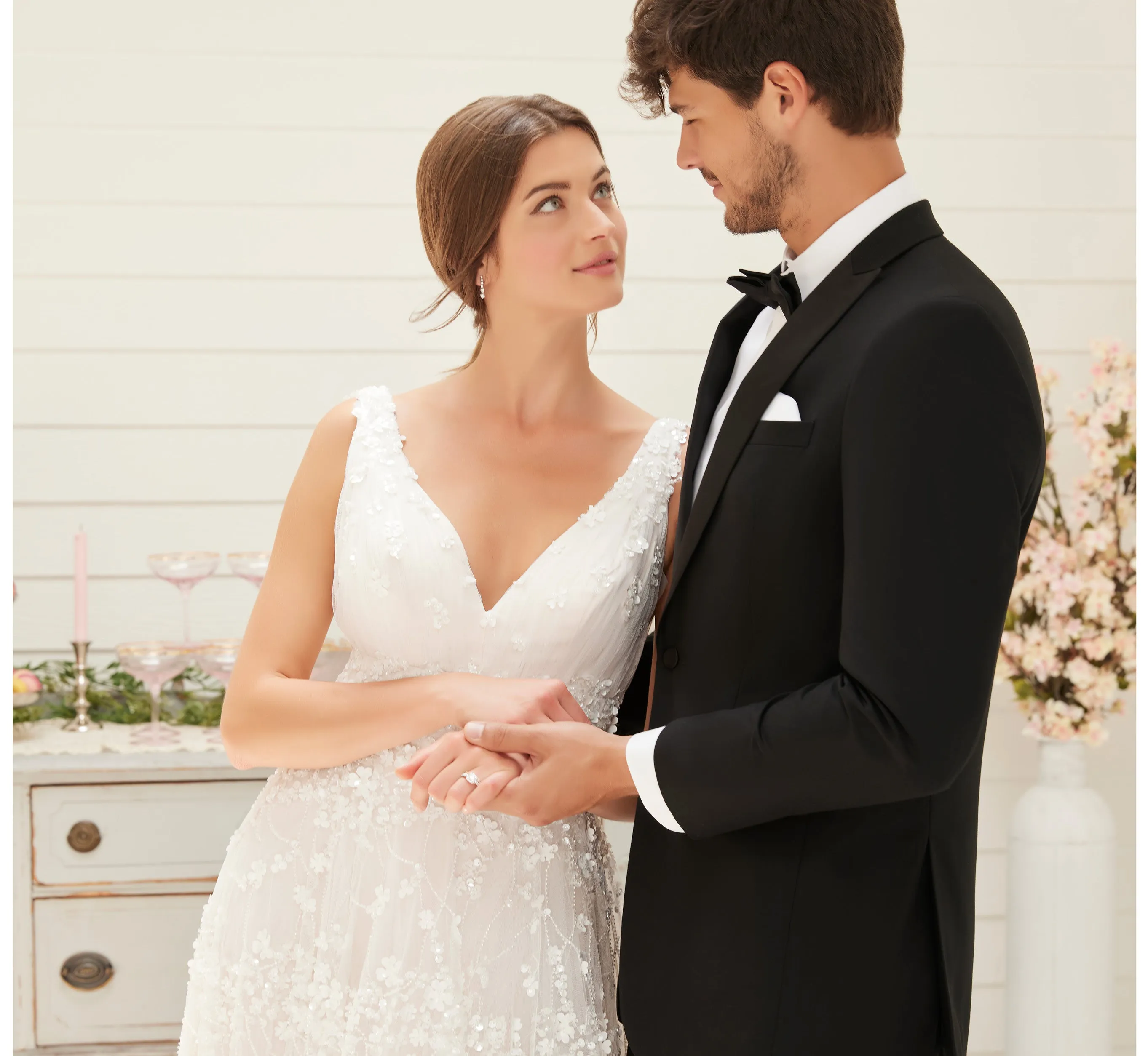 Hand-Beaded And Lace A-Line Gown In Ivory Ivory Silver