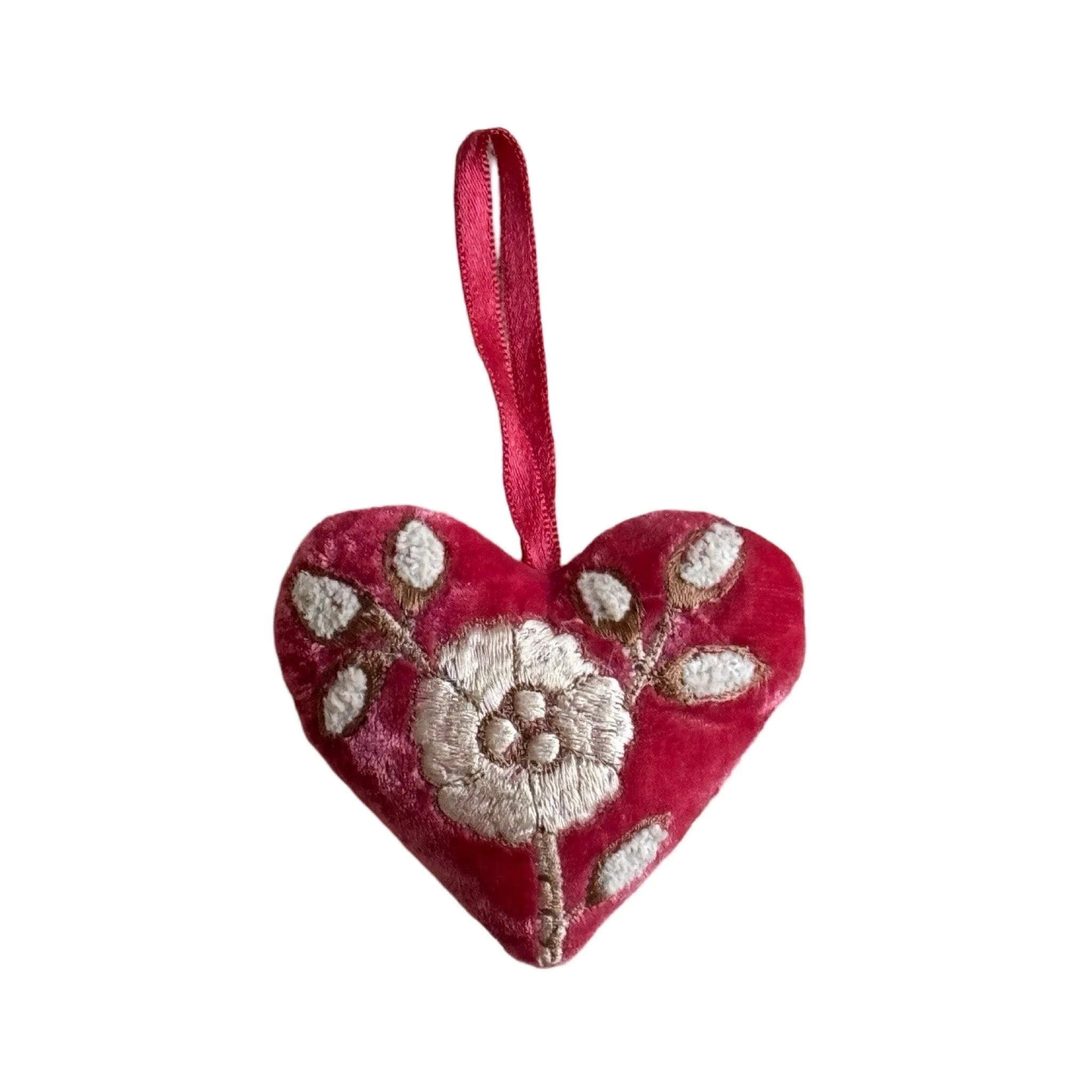 Hand Embroidered Silk Velvet Heart Ornaments