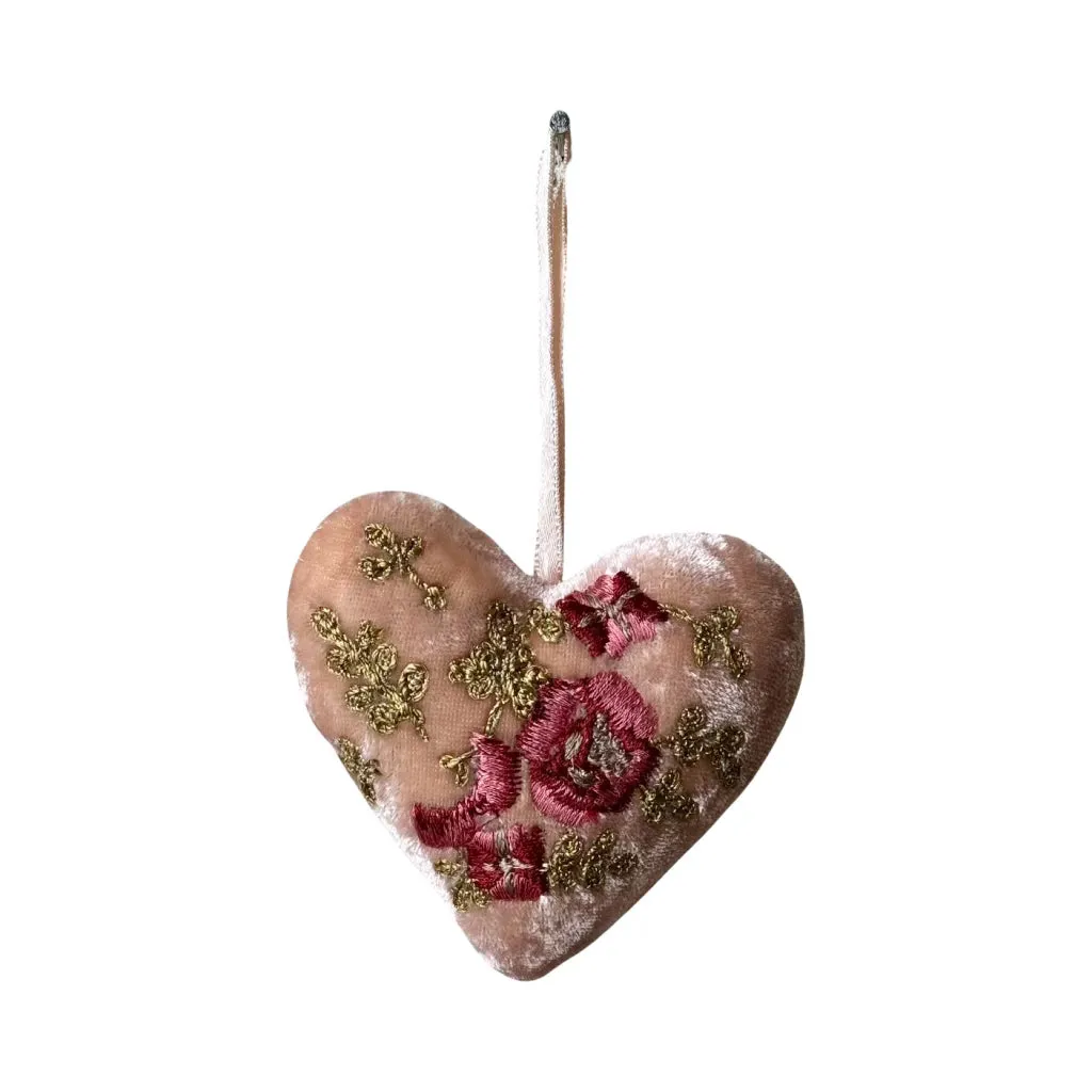Hand Embroidered Silk Velvet Heart Ornaments
