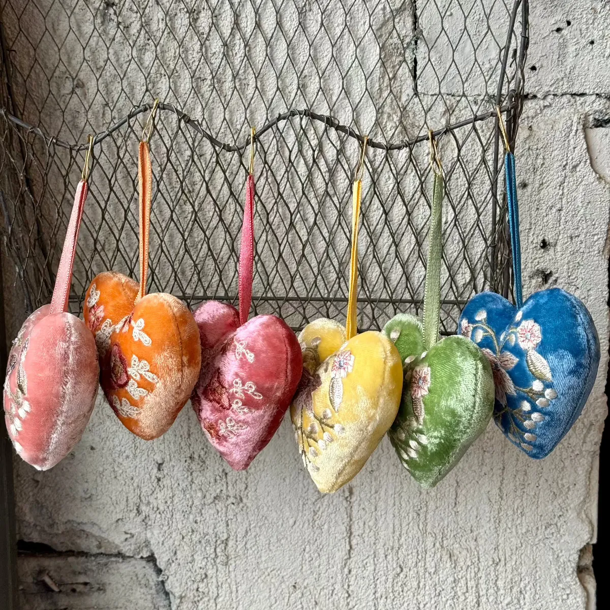 Hand Embroidered Silk Velvet Heart Ornaments
