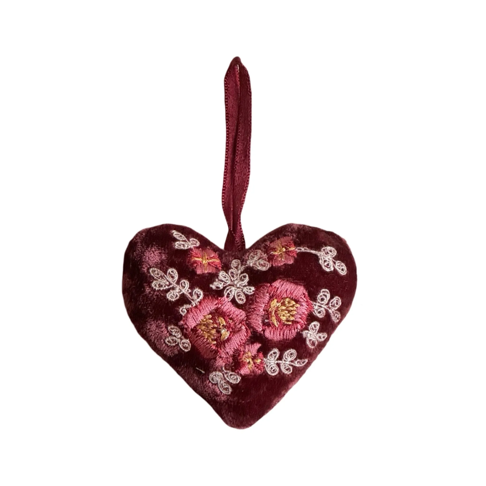Hand Embroidered Silk Velvet Heart Ornaments