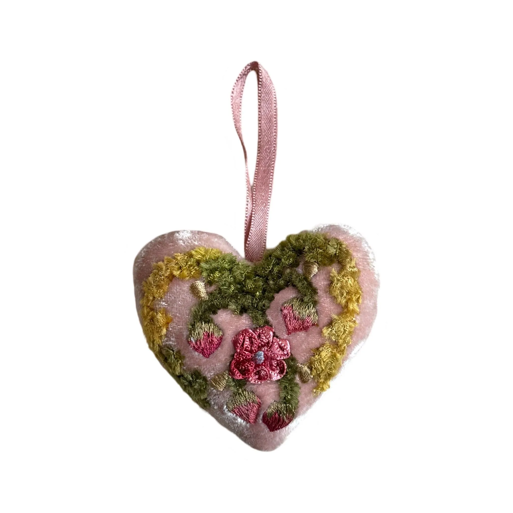 Hand Embroidered Silk Velvet Heart Ornaments