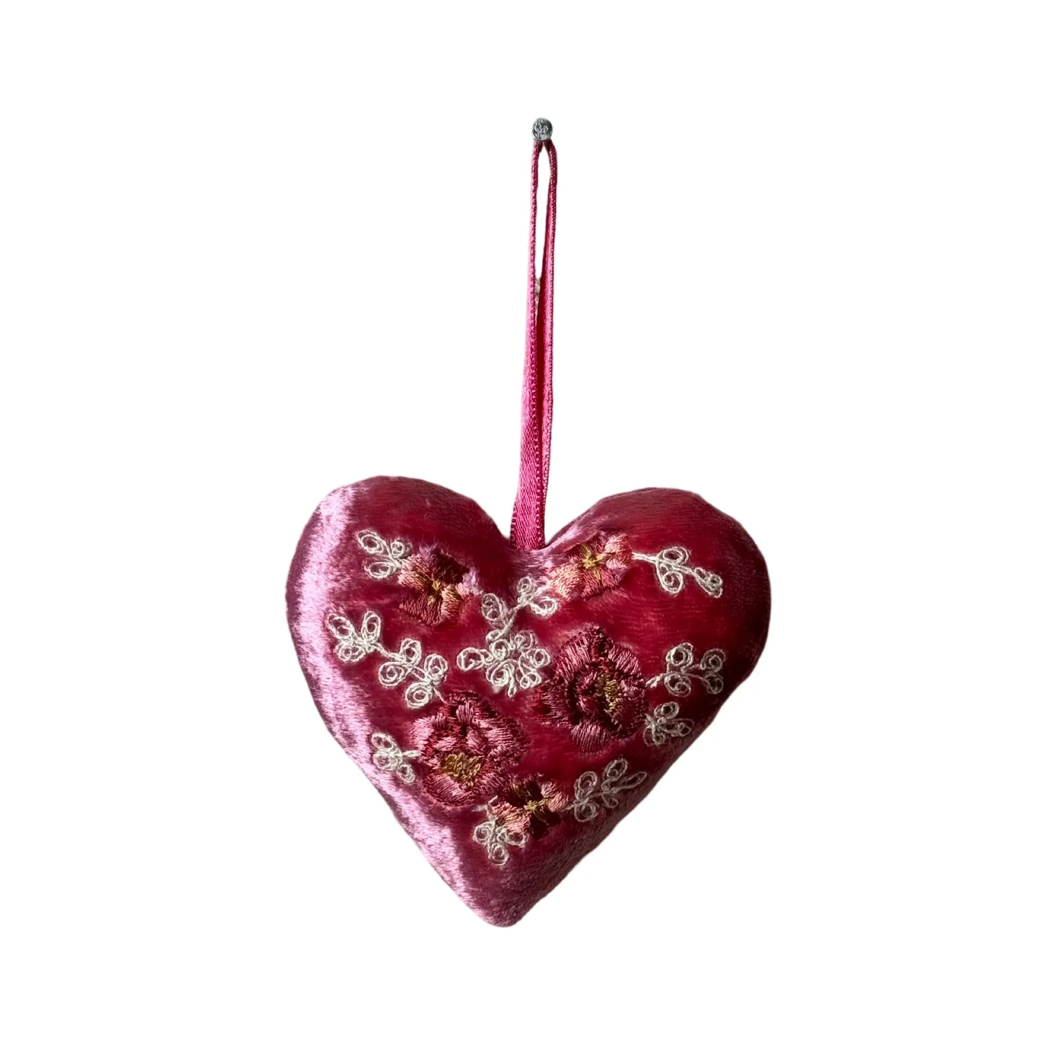 Hand Embroidered Silk Velvet Heart Ornaments