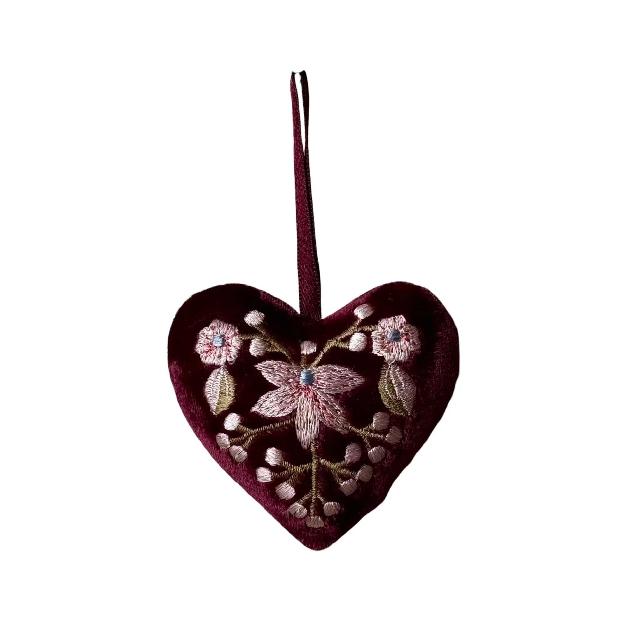 Hand Embroidered Silk Velvet Heart Ornaments