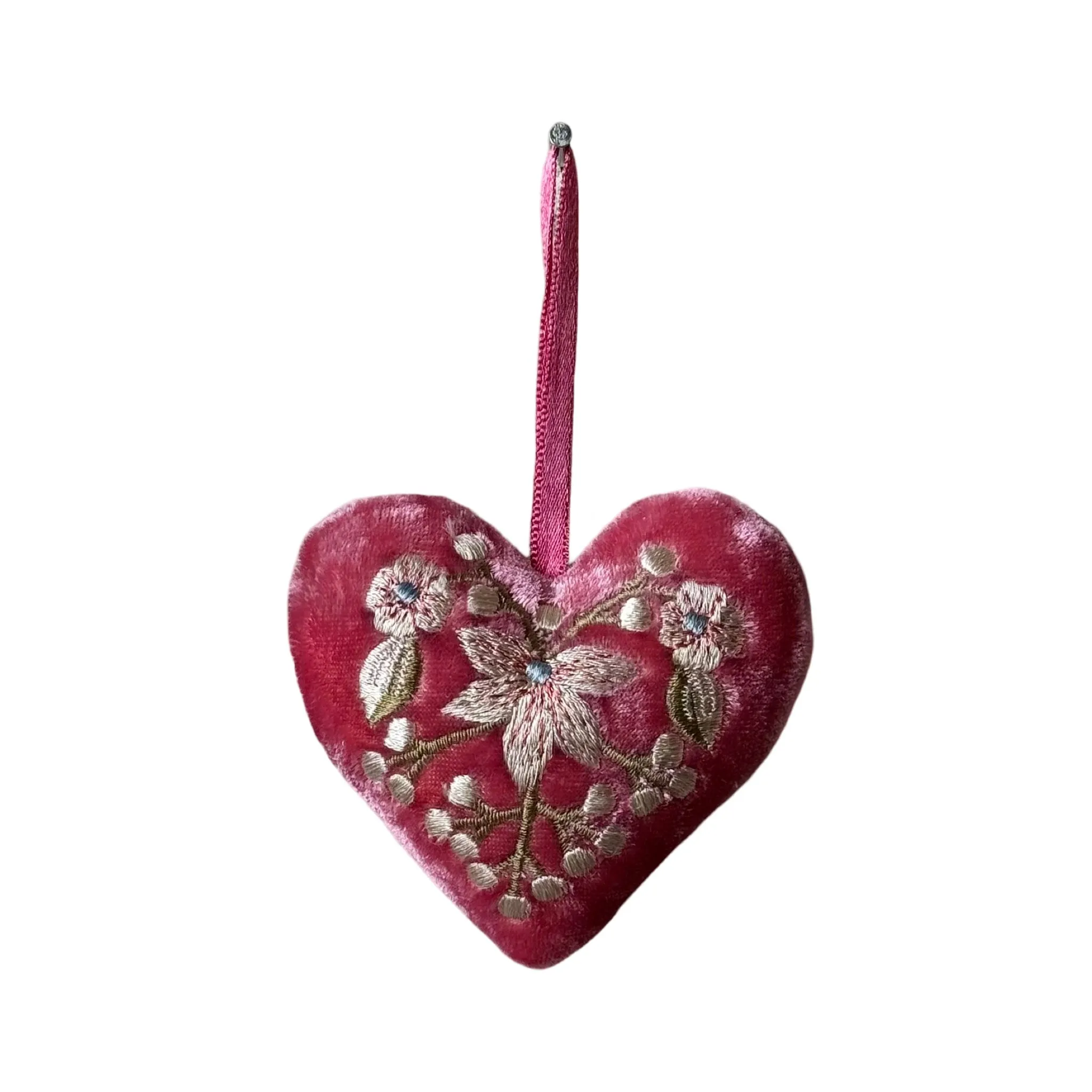 Hand Embroidered Silk Velvet Heart Ornaments