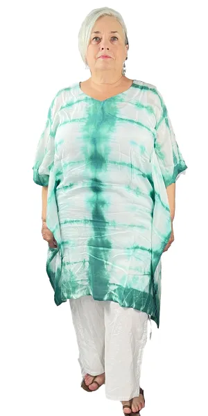 Hand Tie dye Pure Muslin Kaftan, Turquoise and White Knee length Kaftan