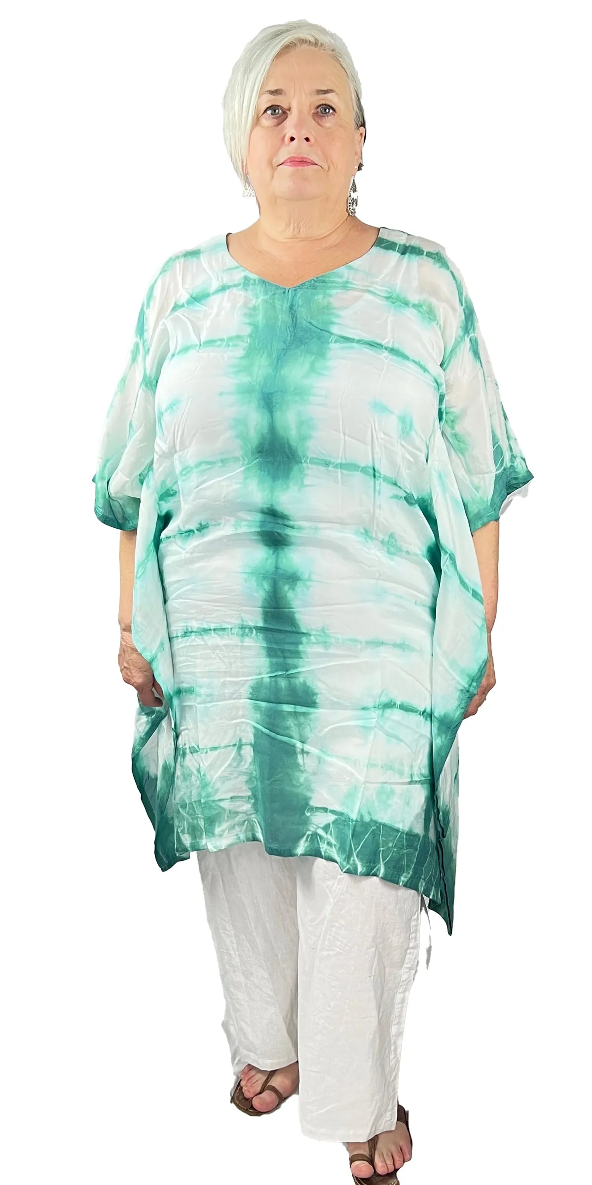 Hand Tie dye Pure Muslin Kaftan, Turquoise and White Knee length Kaftan
