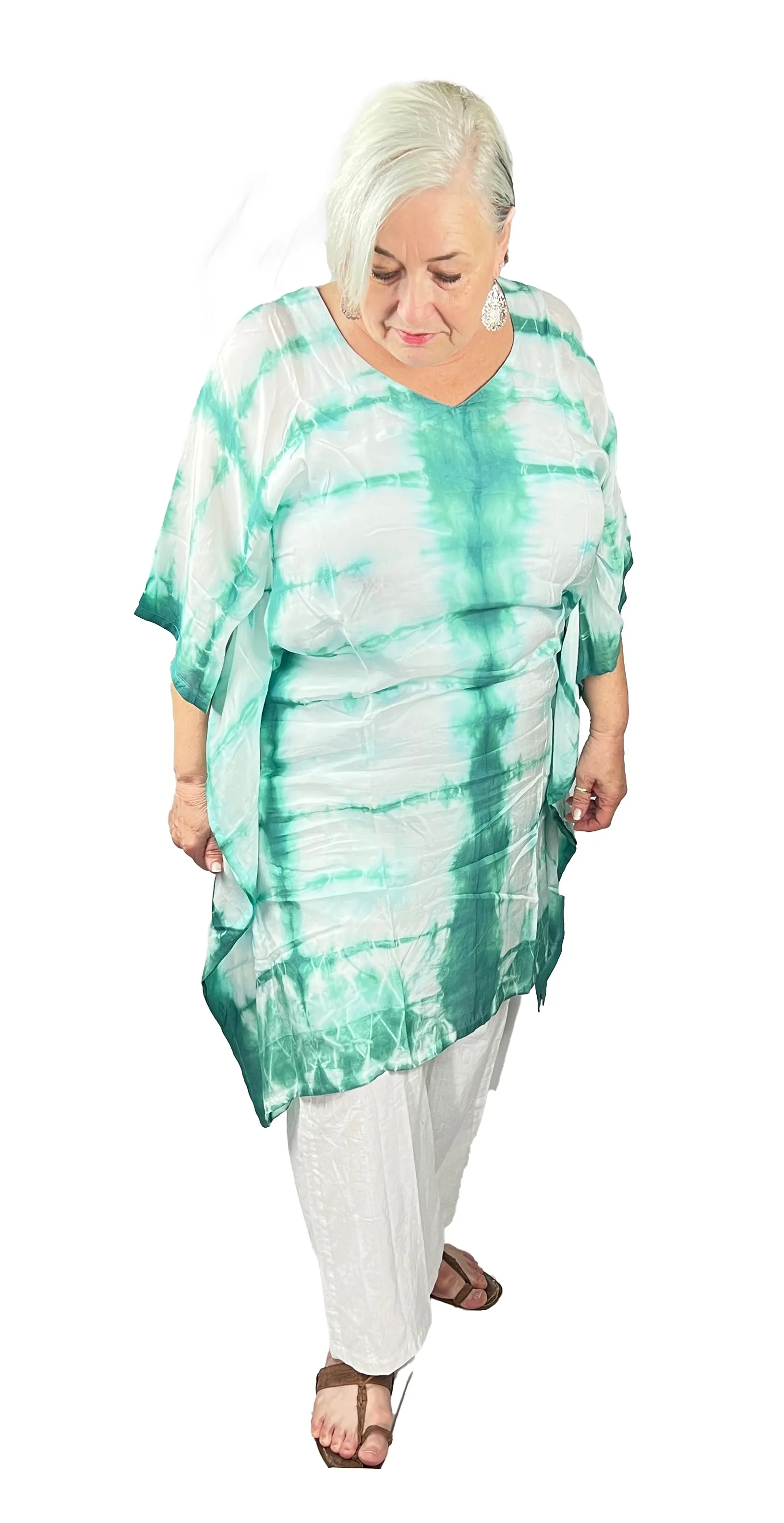 Hand Tie dye Pure Muslin Kaftan, Turquoise and White Knee length Kaftan