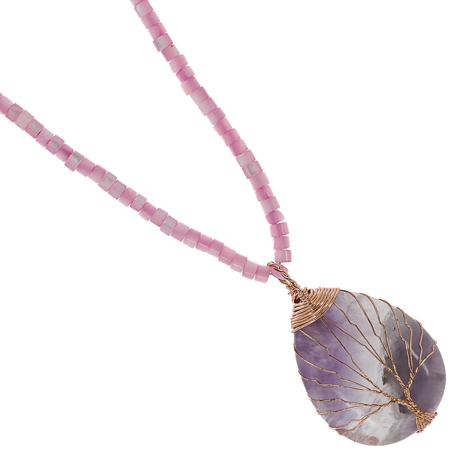 Healing Amethyst Pendant Pearl Chain Beaded Necklace