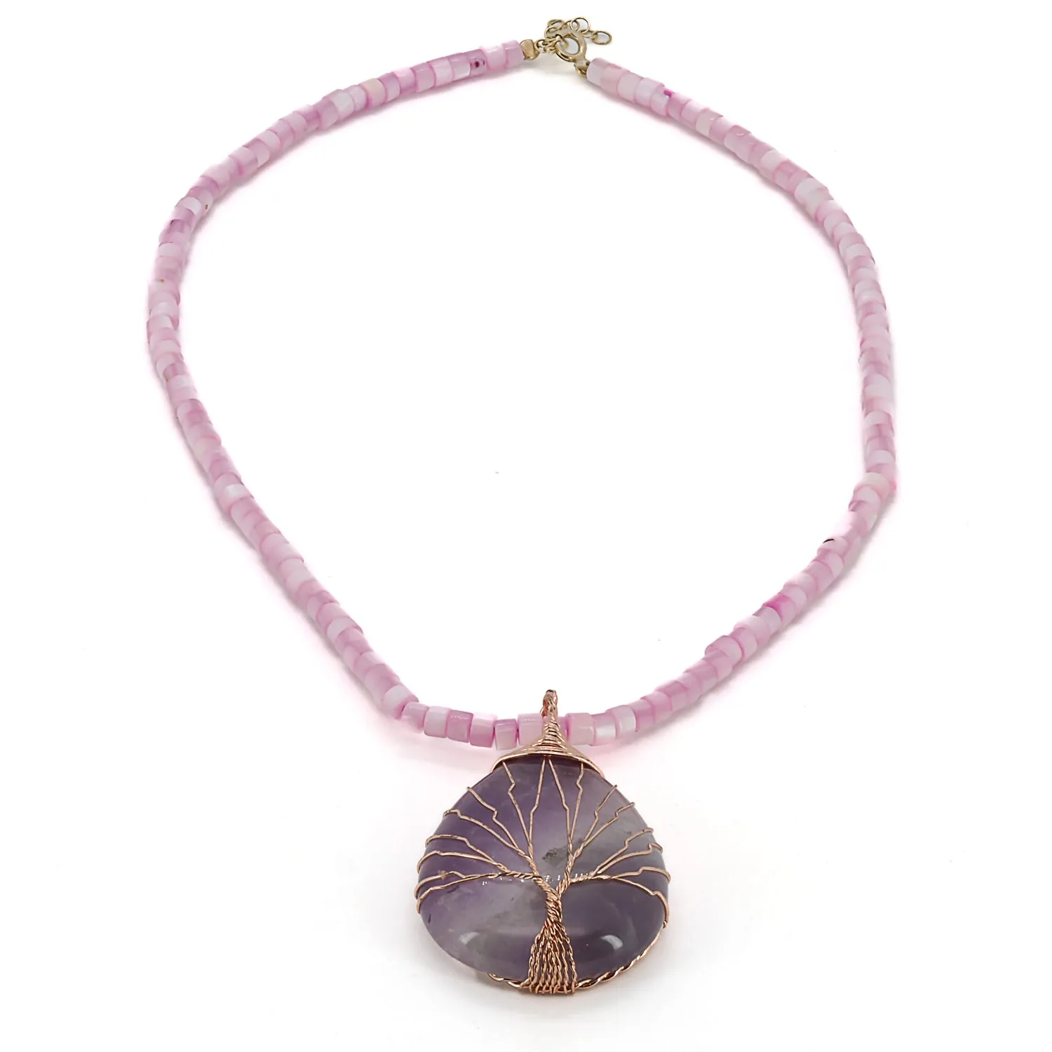 Healing Amethyst Pendant Pearl Chain Beaded Necklace