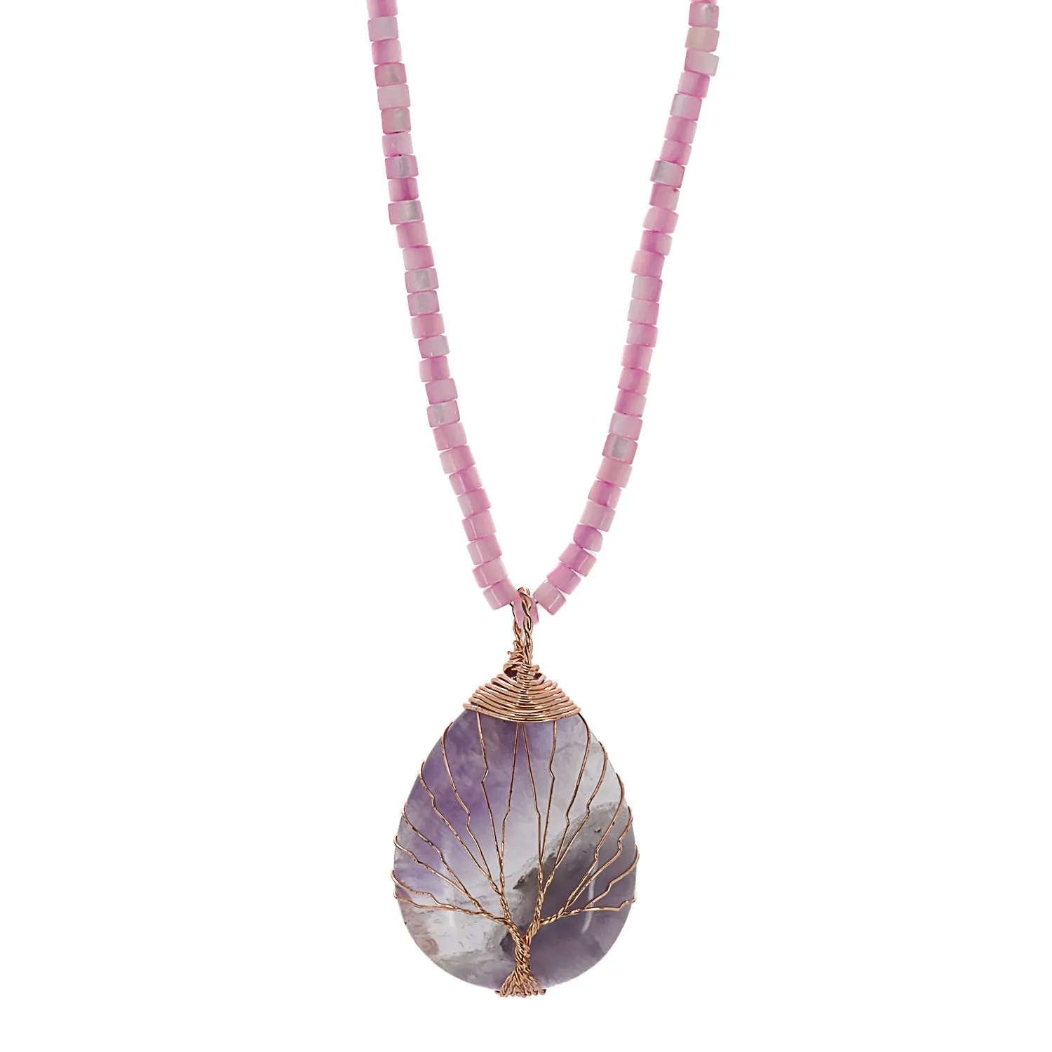 Healing Amethyst Pendant Pearl Chain Beaded Necklace