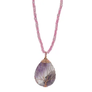 Healing Amethyst Pendant Pearl Chain Beaded Necklace