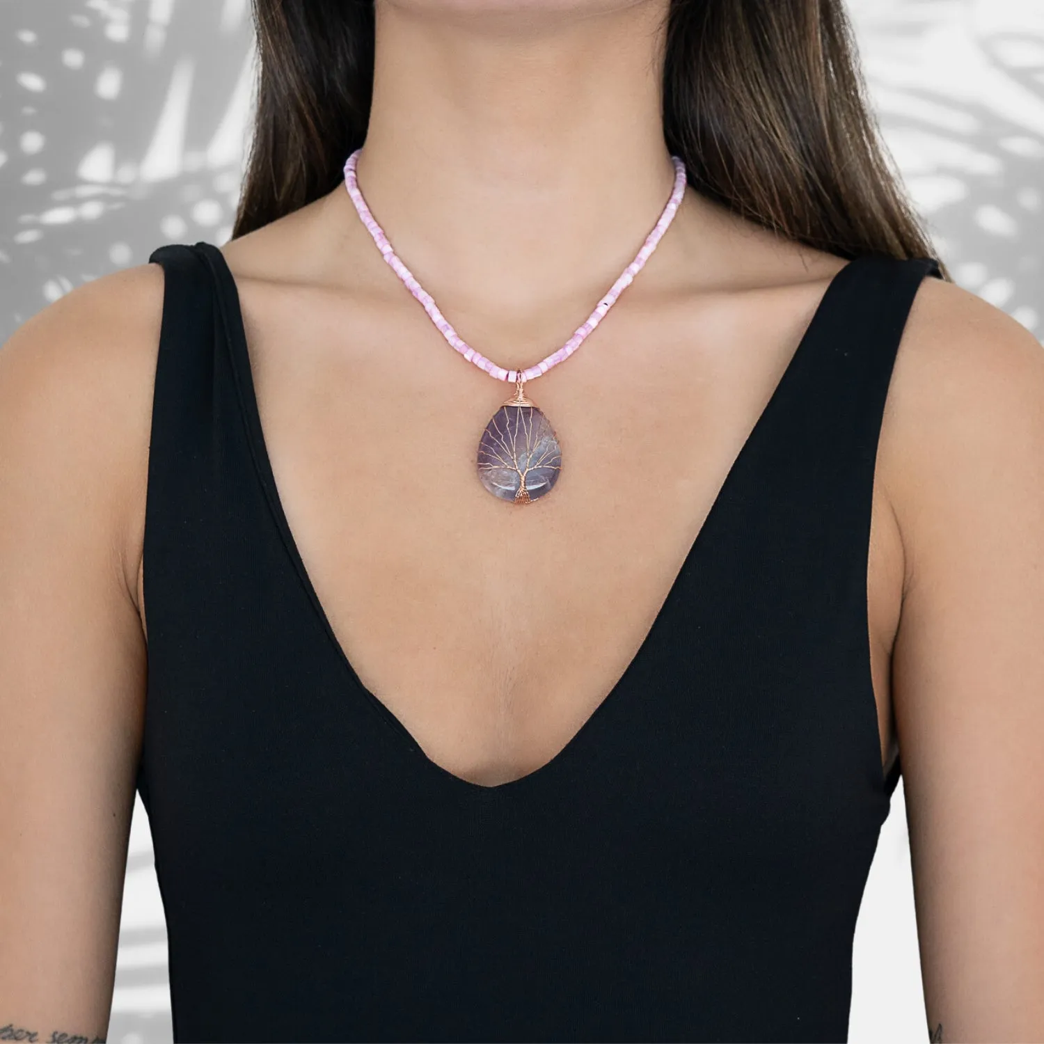 Healing Amethyst Pendant Pearl Chain Beaded Necklace