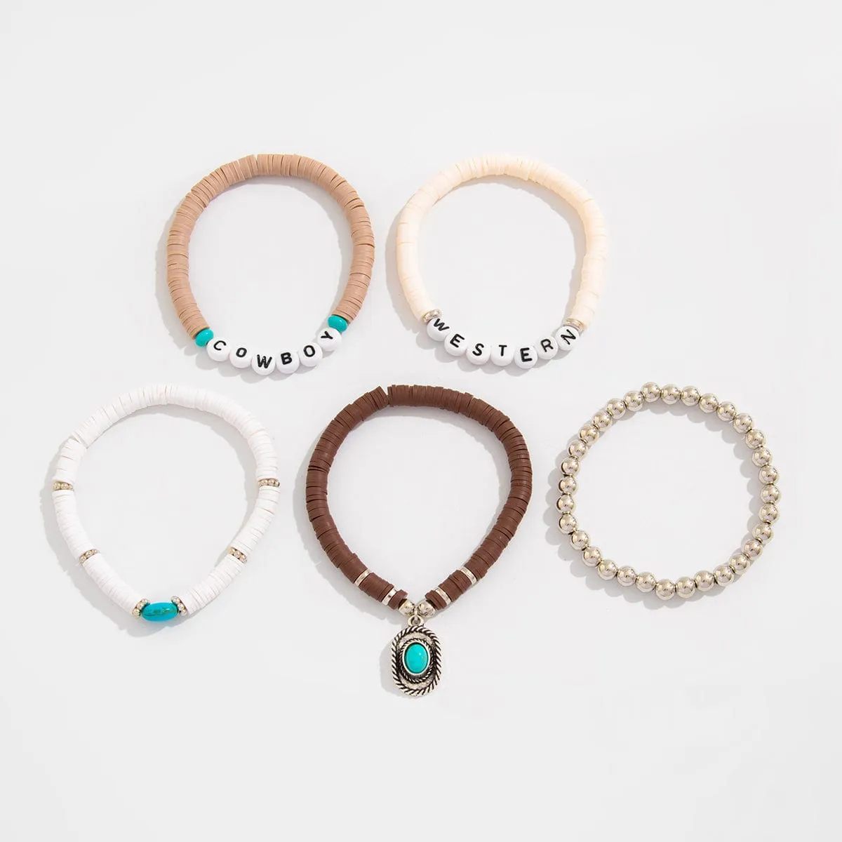 Hippie Layered Turquoise Inlaid Cowboy Hat Charm Polymer Clay Letter Beaded Bracelet Set