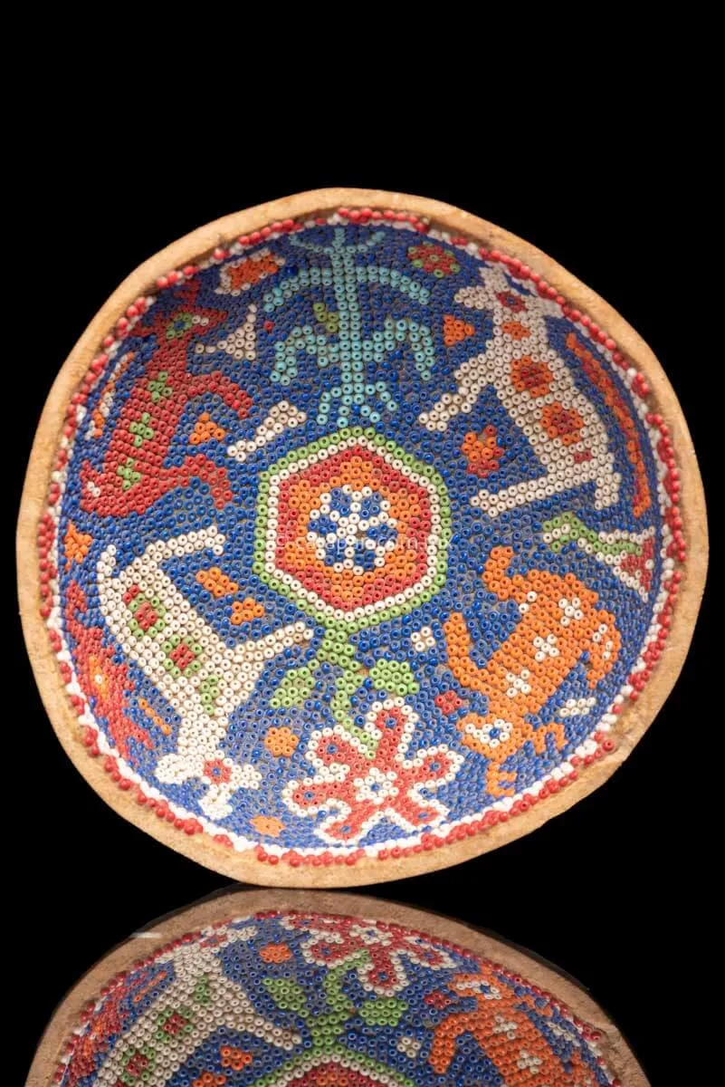 Huichol Art Vintage Beaded Gourd with Deer