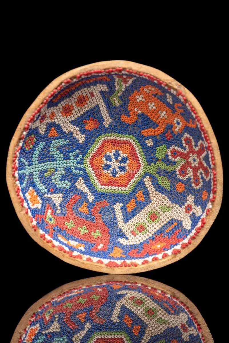 Huichol Art Vintage Beaded Gourd with Deer