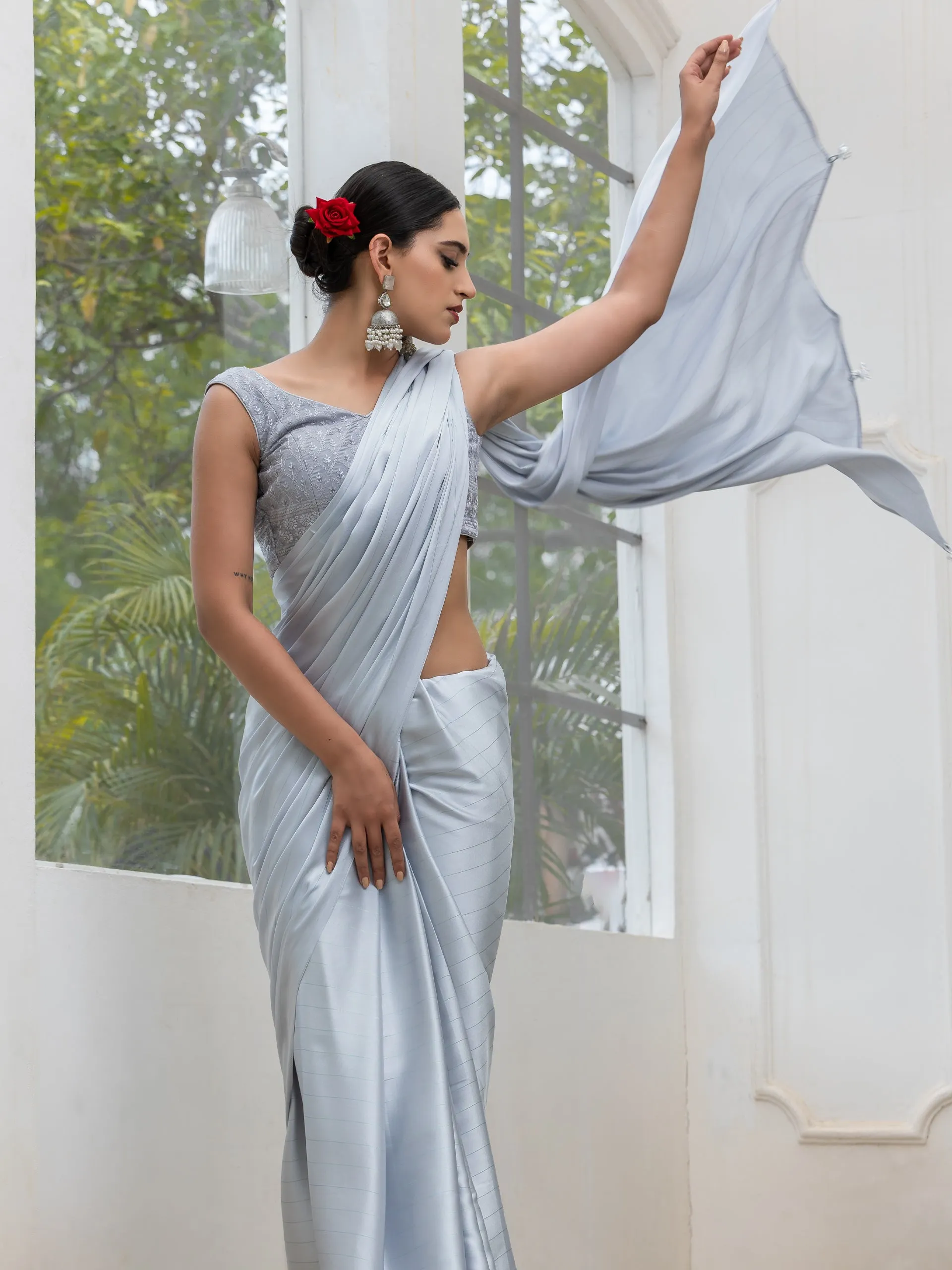 Ice Grey Stripe Satin Saree with Embroidered Blouse Fabric