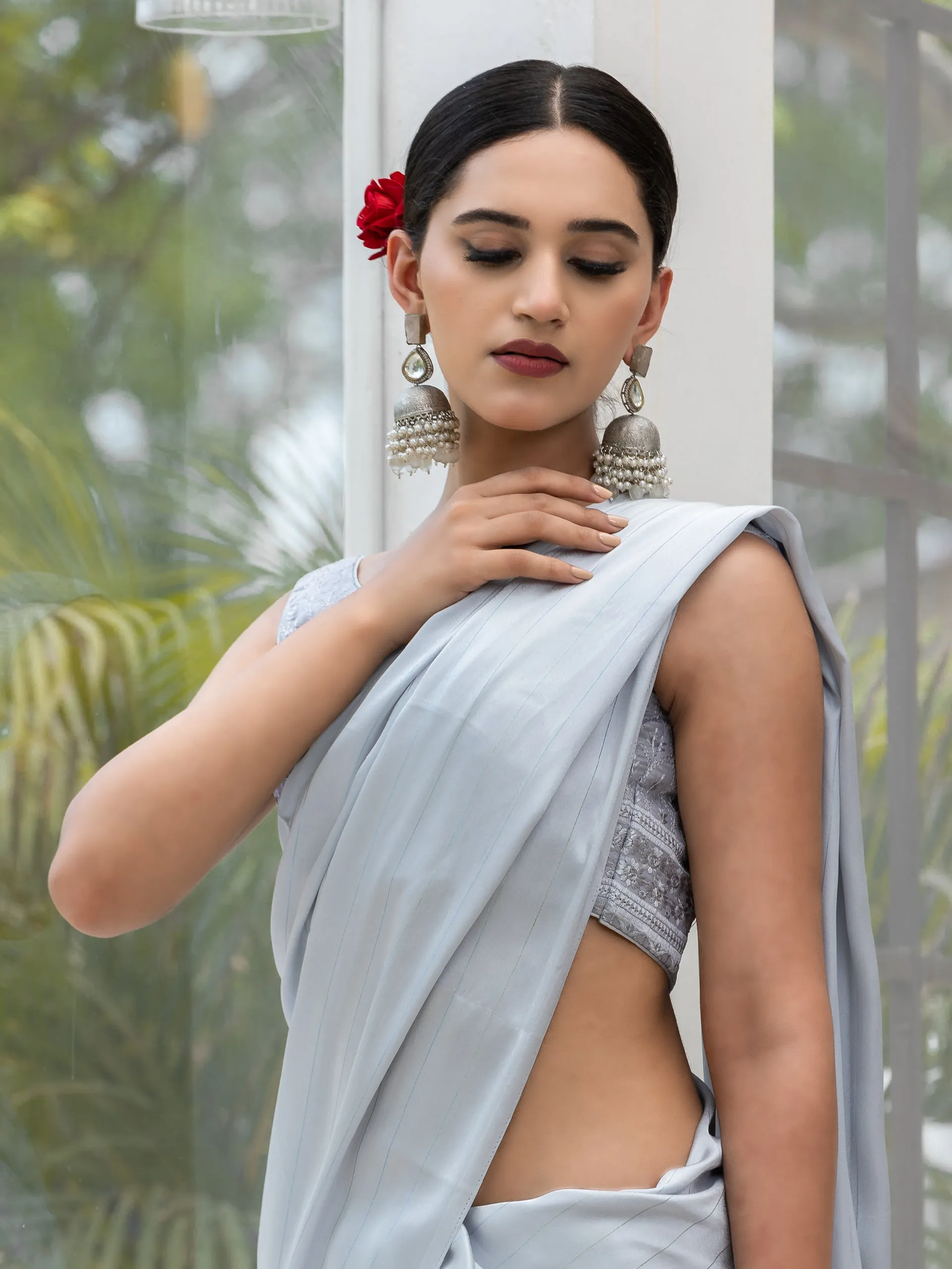 Ice Grey Stripe Satin Saree with Embroidered Blouse Fabric