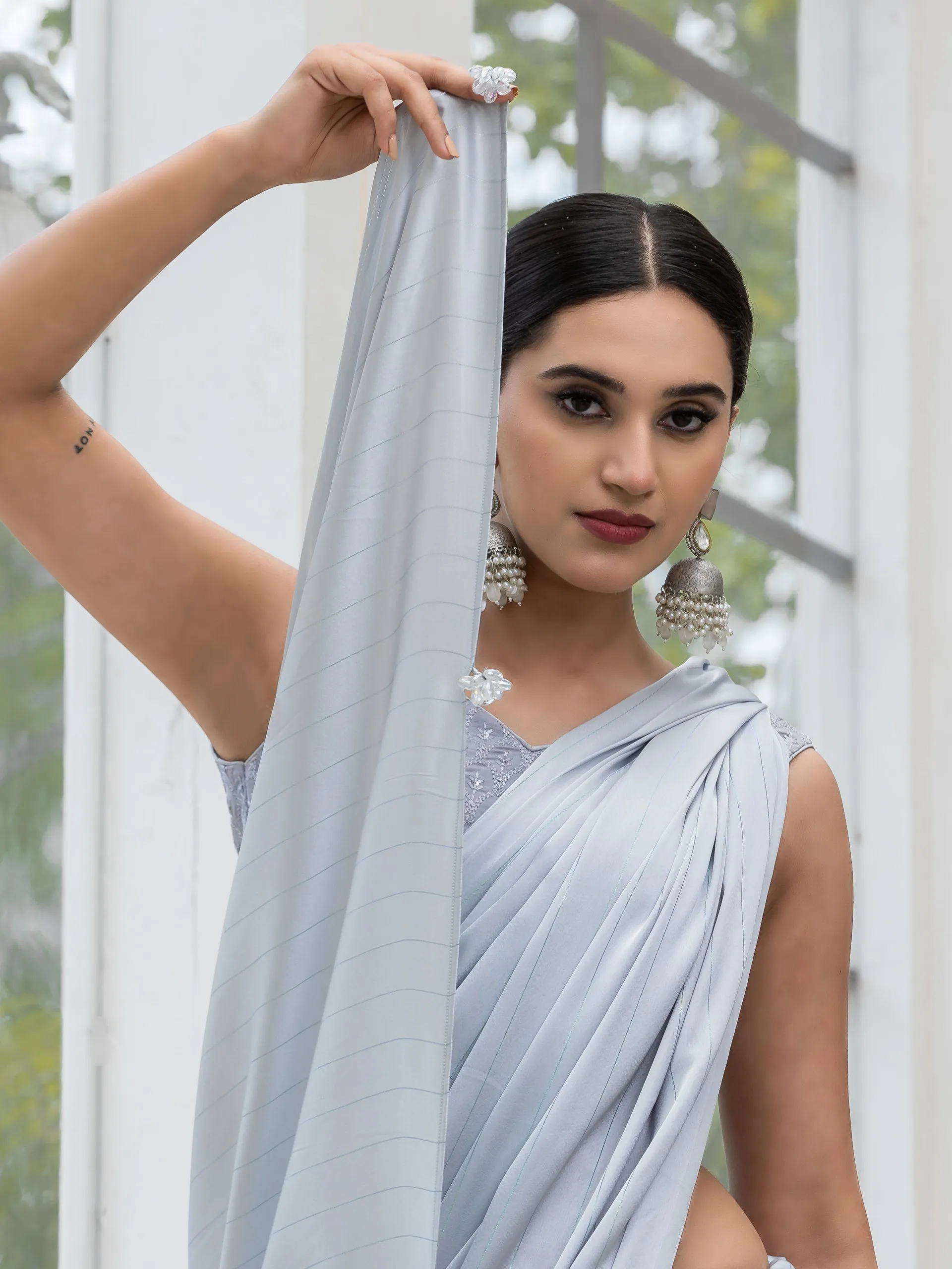 Ice Grey Stripe Satin Saree with Embroidered Blouse Fabric