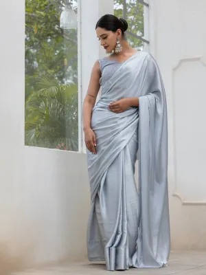 Ice Grey Stripe Satin Saree with Embroidered Blouse Fabric