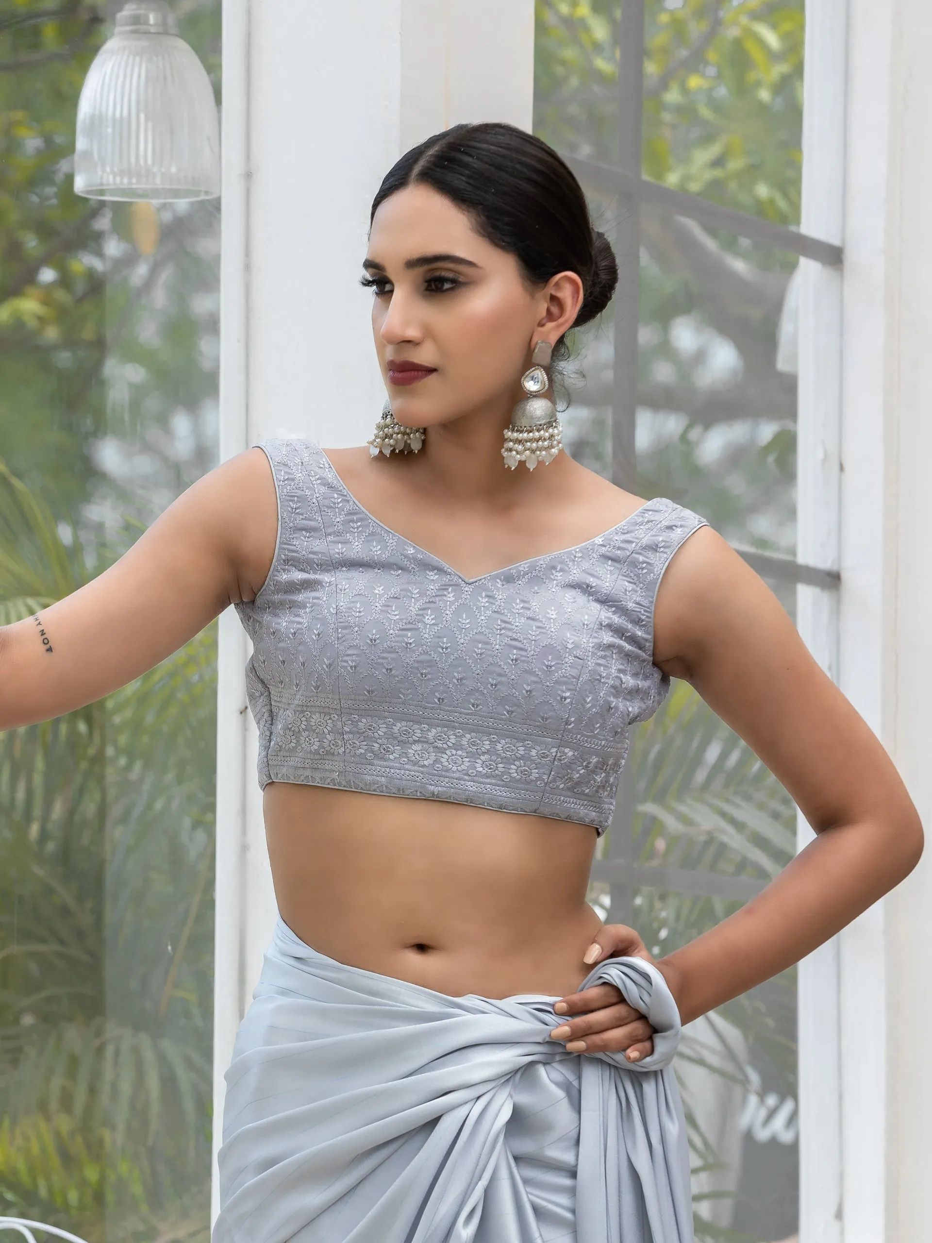 Ice Grey Stripe Satin Saree with Embroidered Blouse Fabric