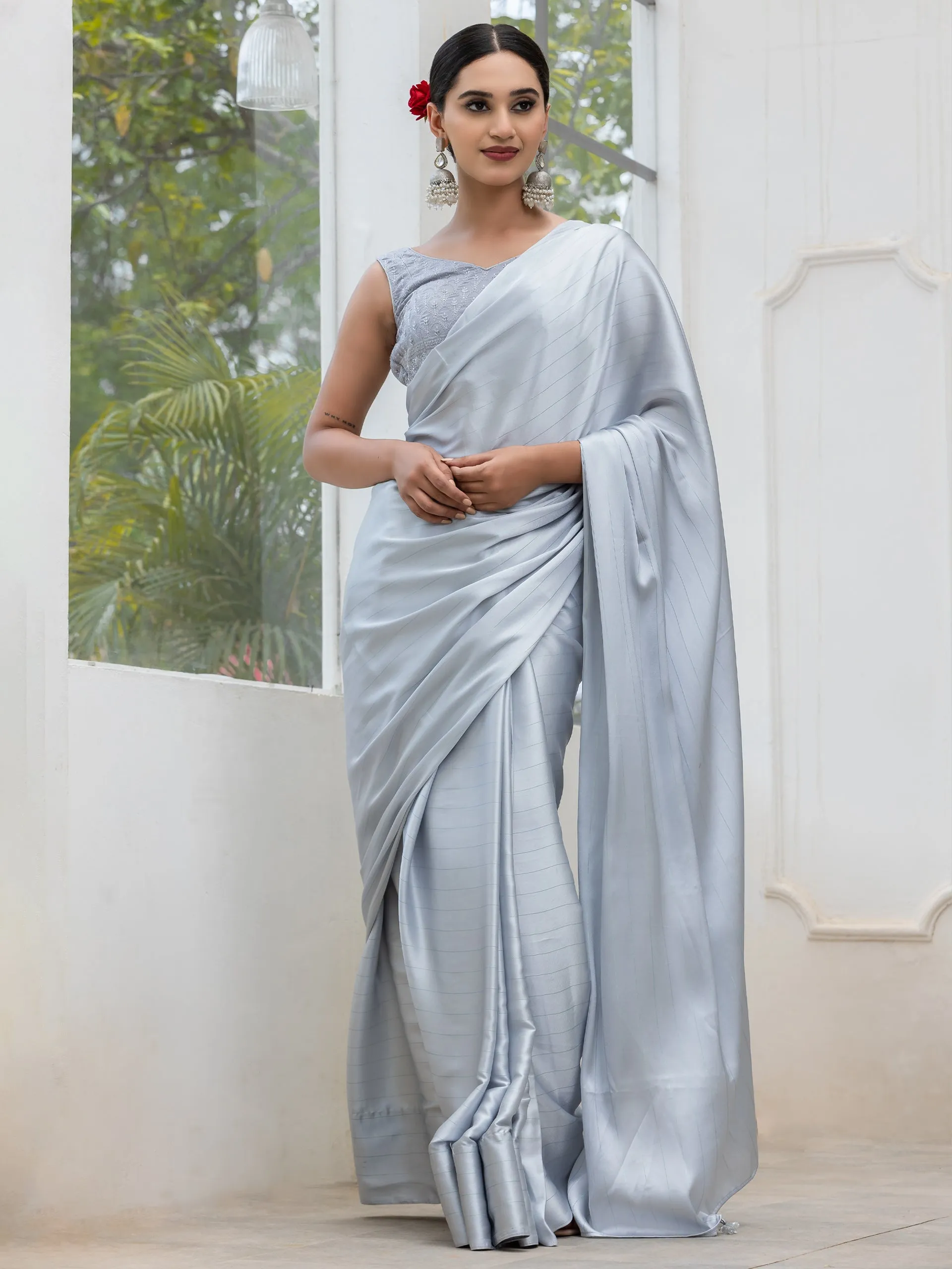 Ice Grey Stripe Satin Saree with Embroidered Blouse Fabric
