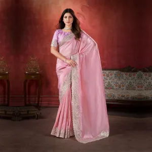 Intricately Pretty Pink Embroidered Saree