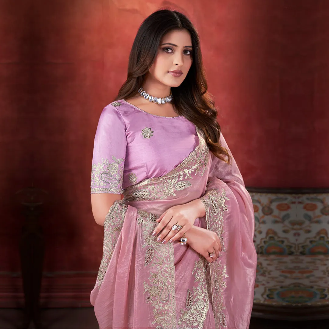 Intricately Pretty Pink Embroidered Saree