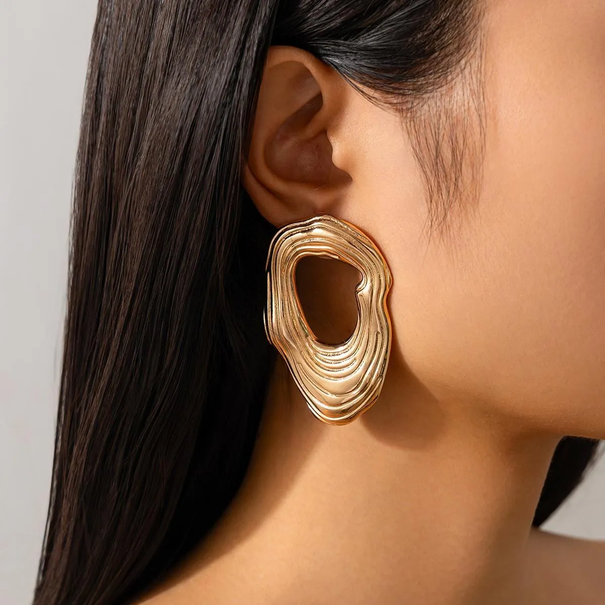 Irregular Gold Silver Tone Textured Hoop Stud Earrings