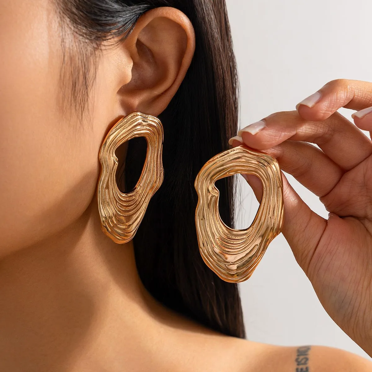 Irregular Gold Silver Tone Textured Hoop Stud Earrings