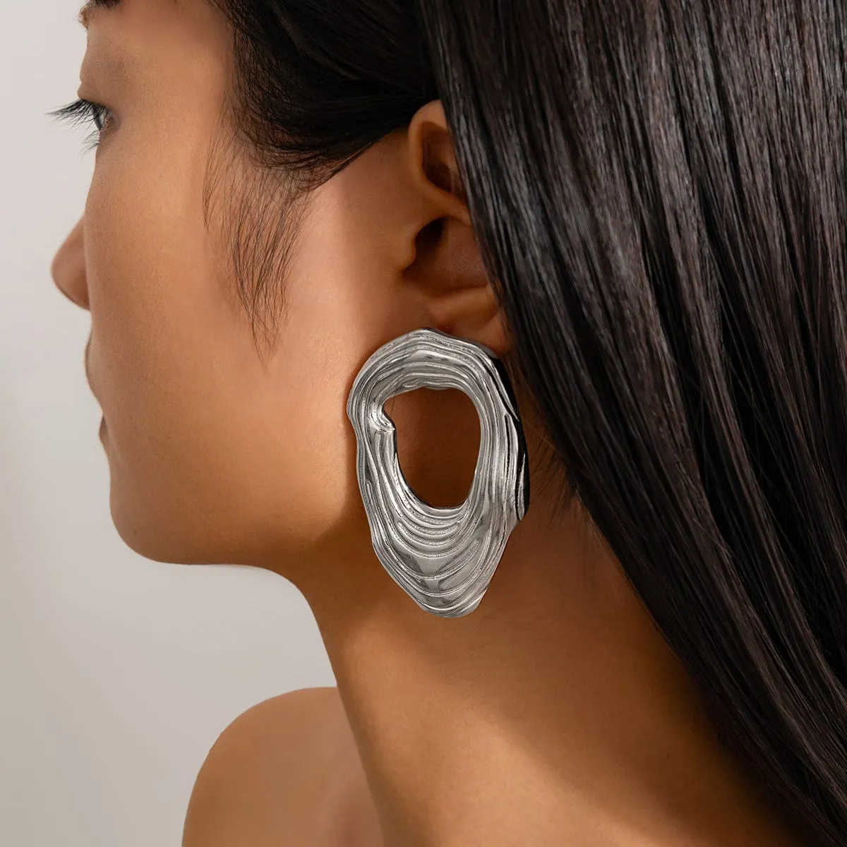 Irregular Gold Silver Tone Textured Hoop Stud Earrings