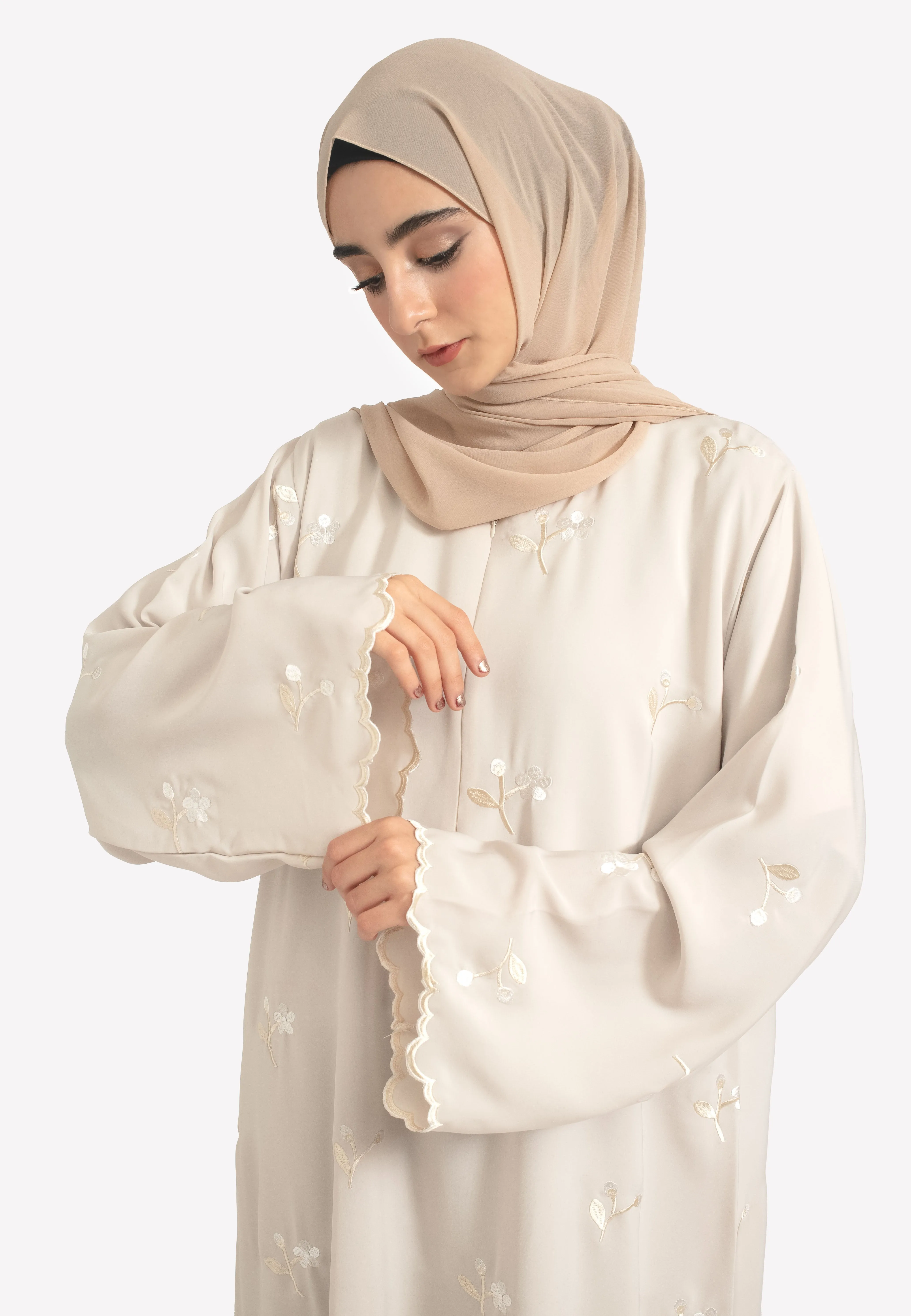 Jasmine Embroidered Closed Abaya With Zip - Beige
