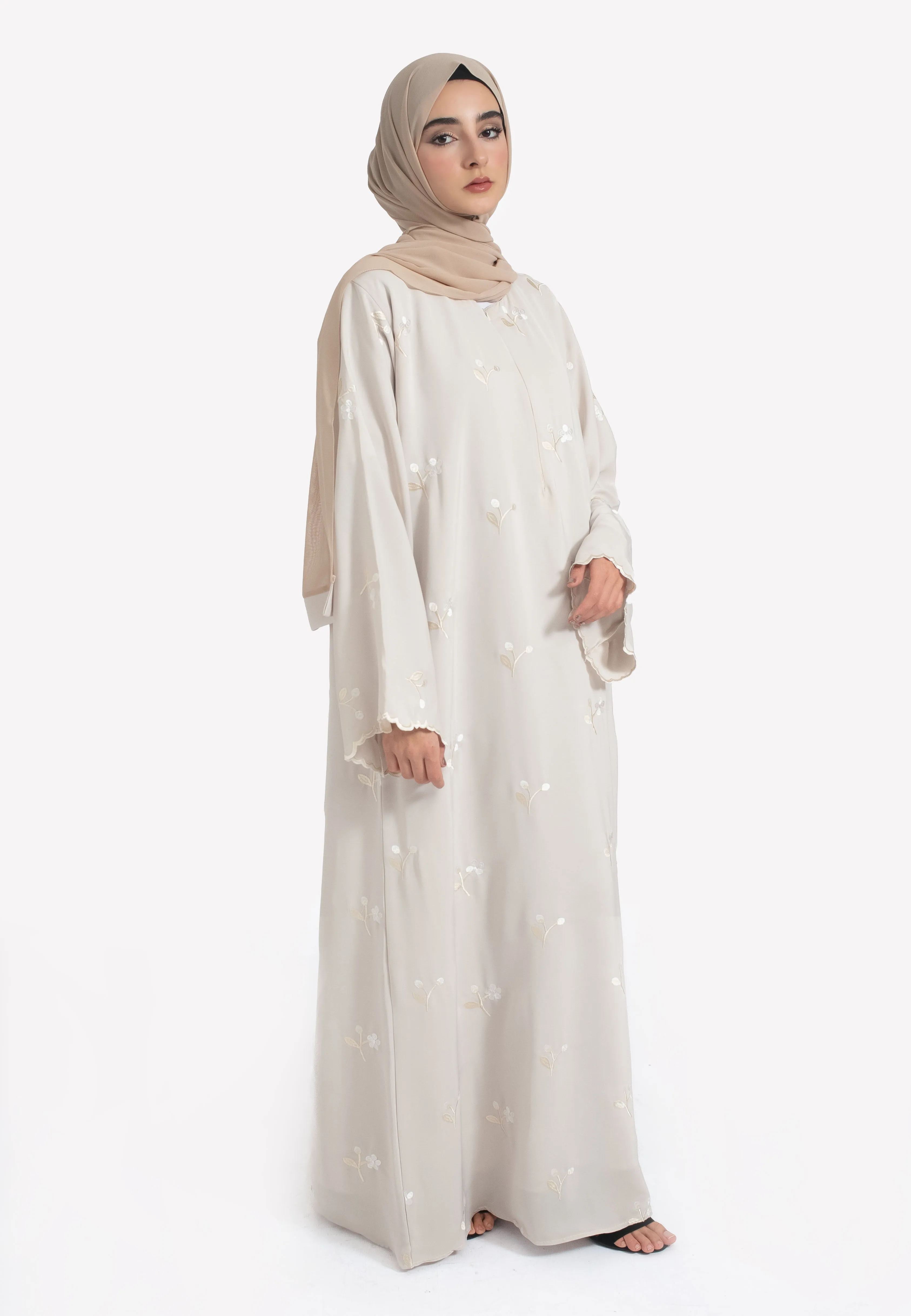 Jasmine Embroidered Closed Abaya With Zip - Beige