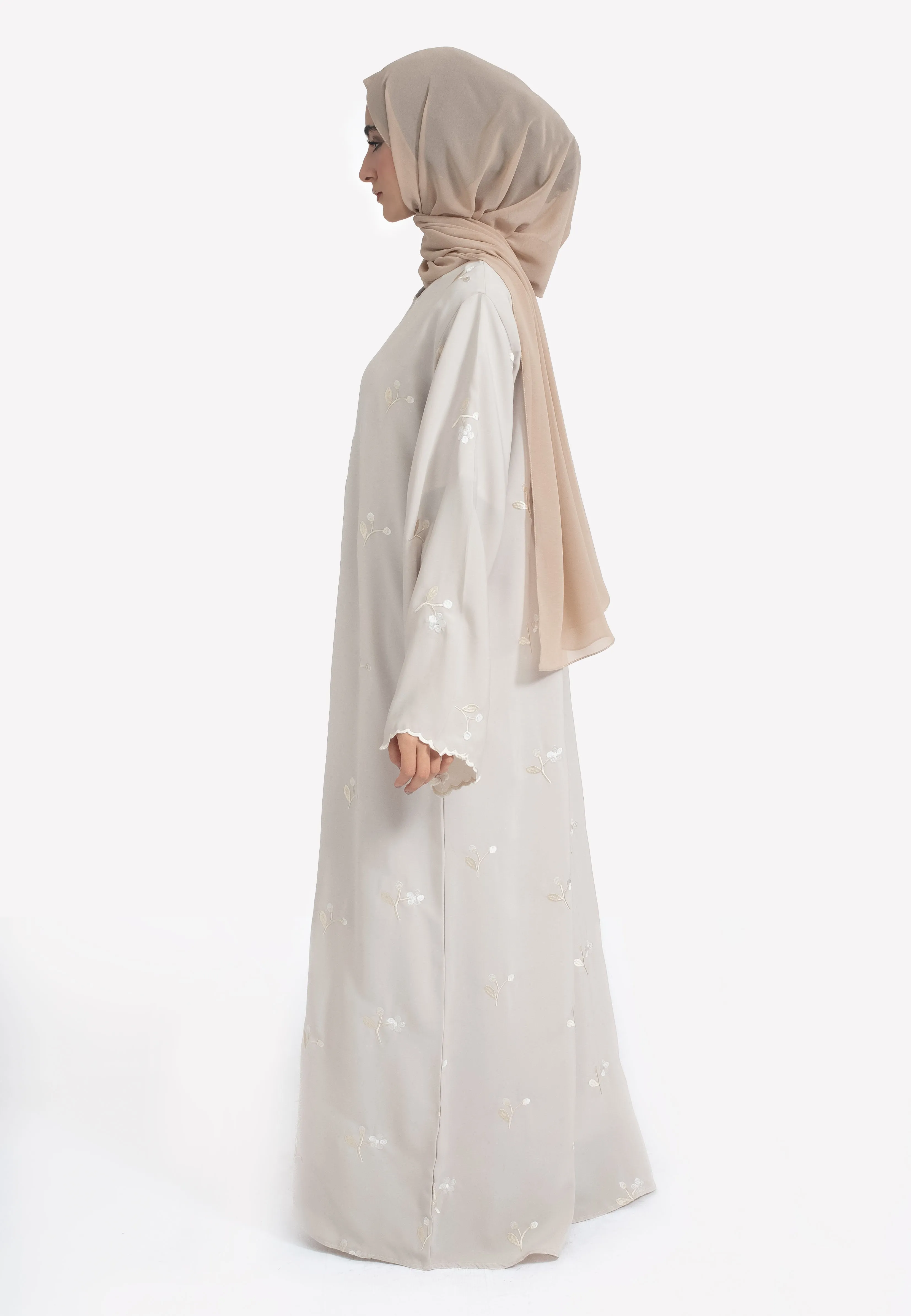 Jasmine Embroidered Closed Abaya With Zip - Beige